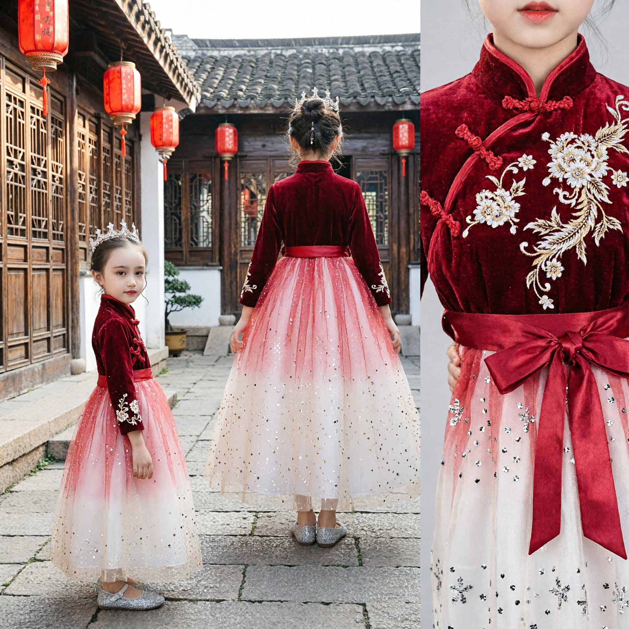 Meisjes Rood Fluweel Chinese Stijl Prinses Jurken Lange Mouw Qipao Top Tule Jurken voor Bruiloftsfeest - Asian Costume