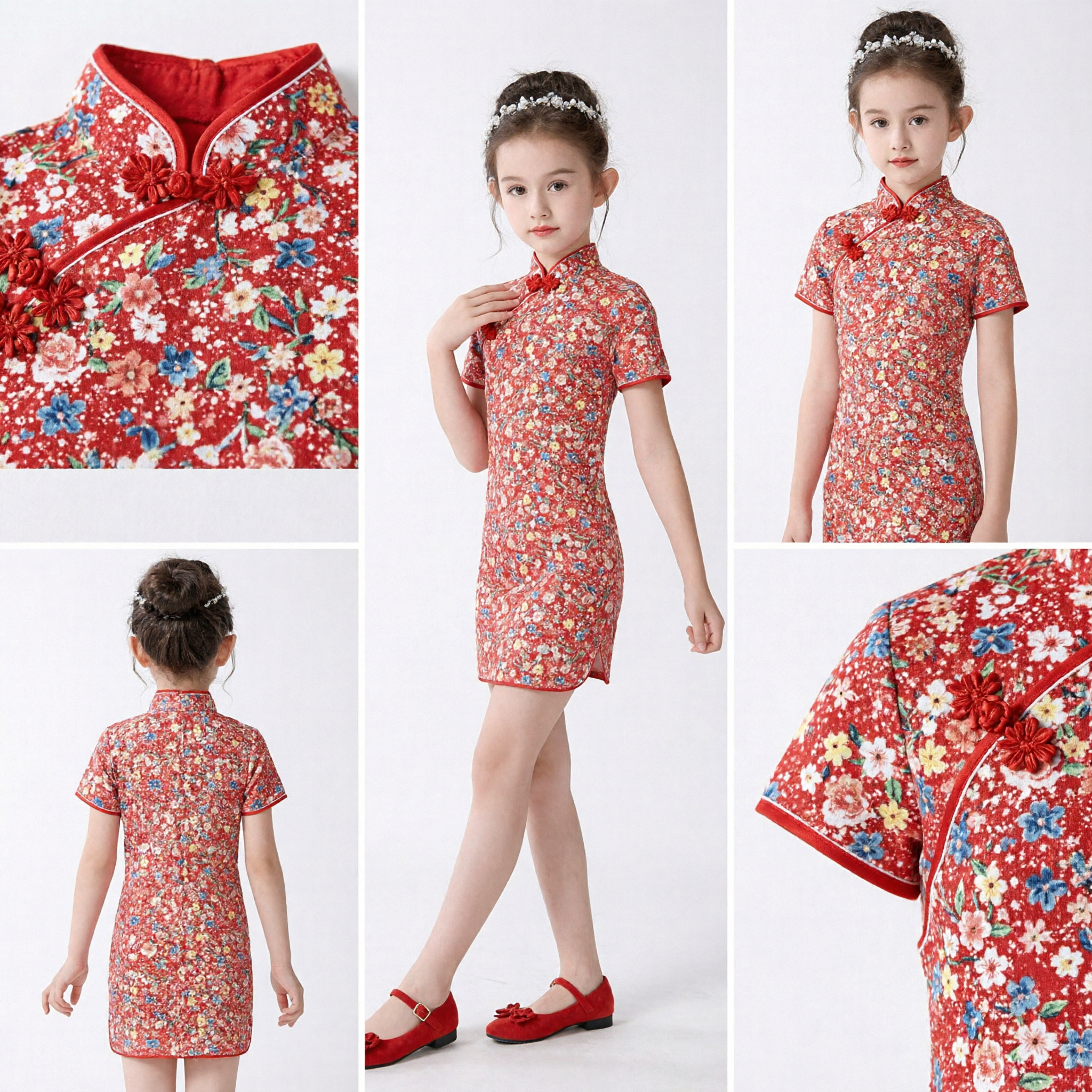 Vestido Tradicional Chino Qipao para Niñas Rojo con Flores Manga Corta Cheongsam Traje para Boda, Fiesta, Actuación - Asian Costume