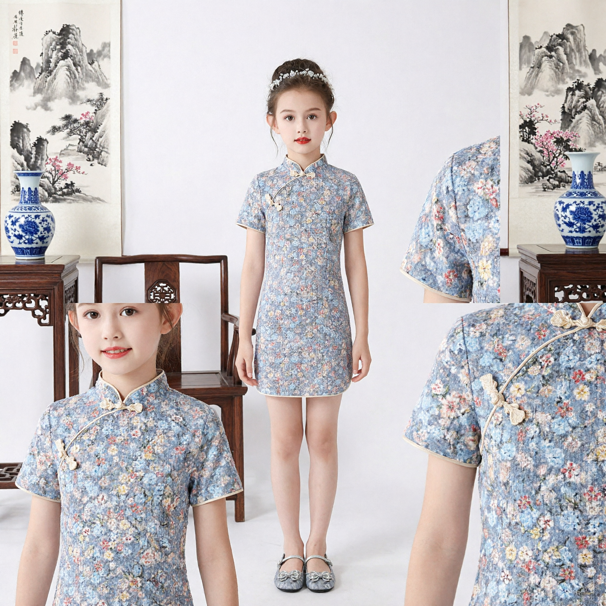 Vestido Floral Cheongsam para Meninas, Qipao Tradicional Chinês, Gola Mandarim Manga Curta para Festival de Verão - Asian Costume