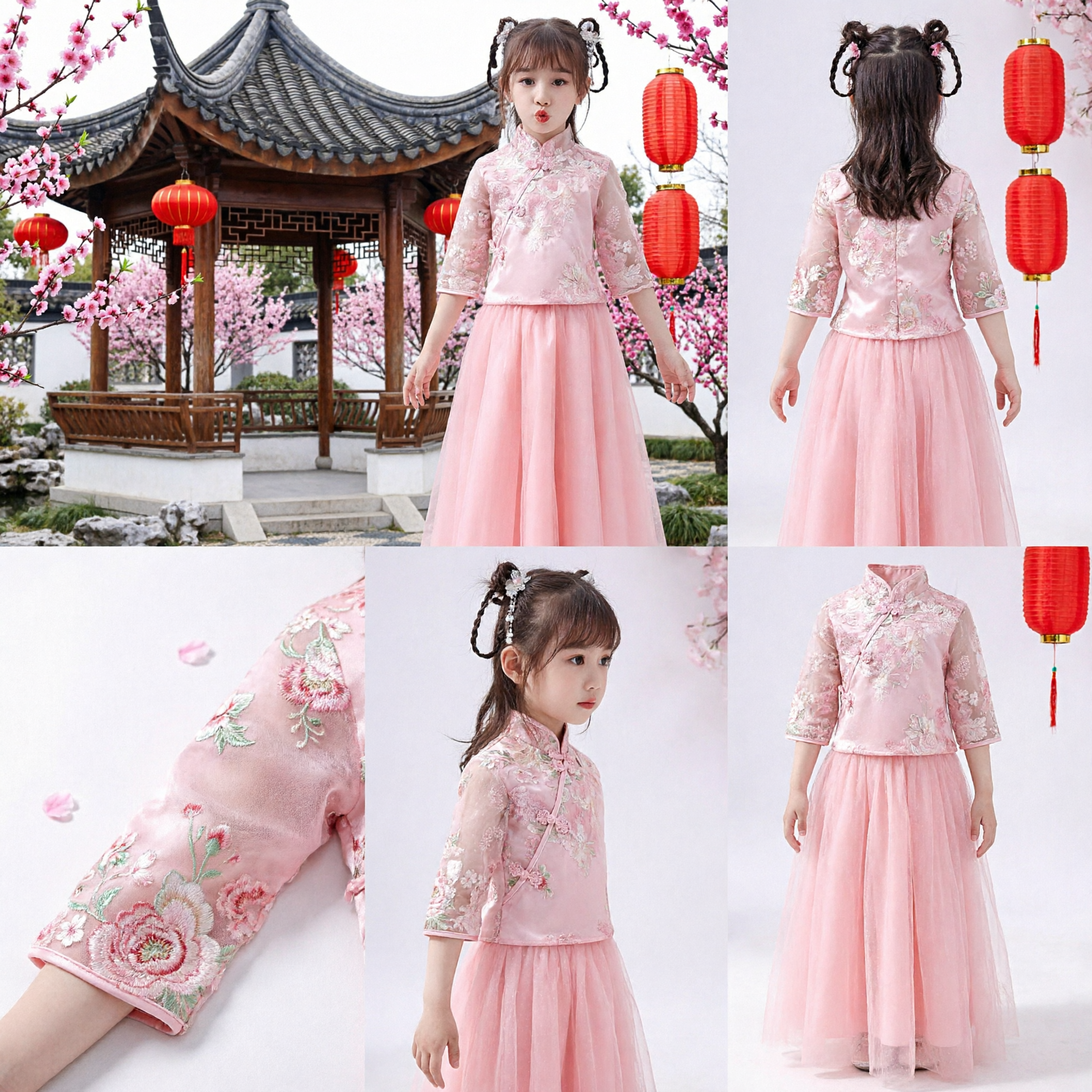 Robe traditionnelle chinoise Hanfu rose pour filles enfants, Cheongsam de fille d'honneur avec broderie de dentelle florale - Asian Costume