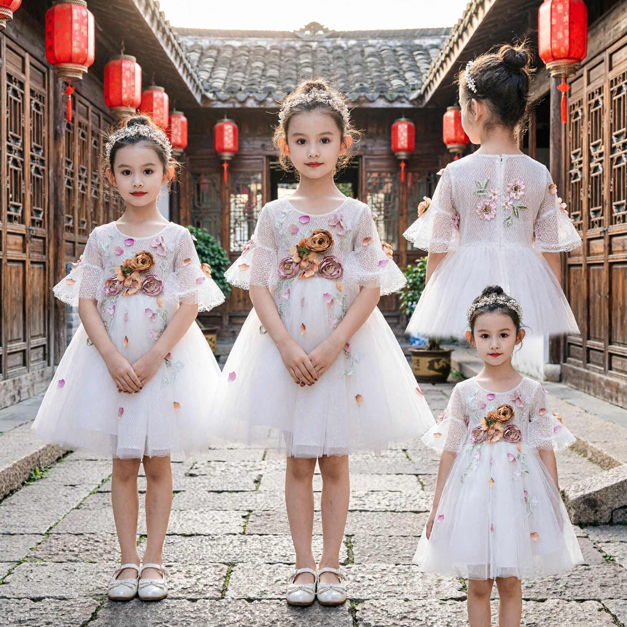 Vestito da Principessa in Tulle Bianco per Bambine con Applicazioni Floreali 3D per Damigella e Spettacoli sul Palco - Asian Costume