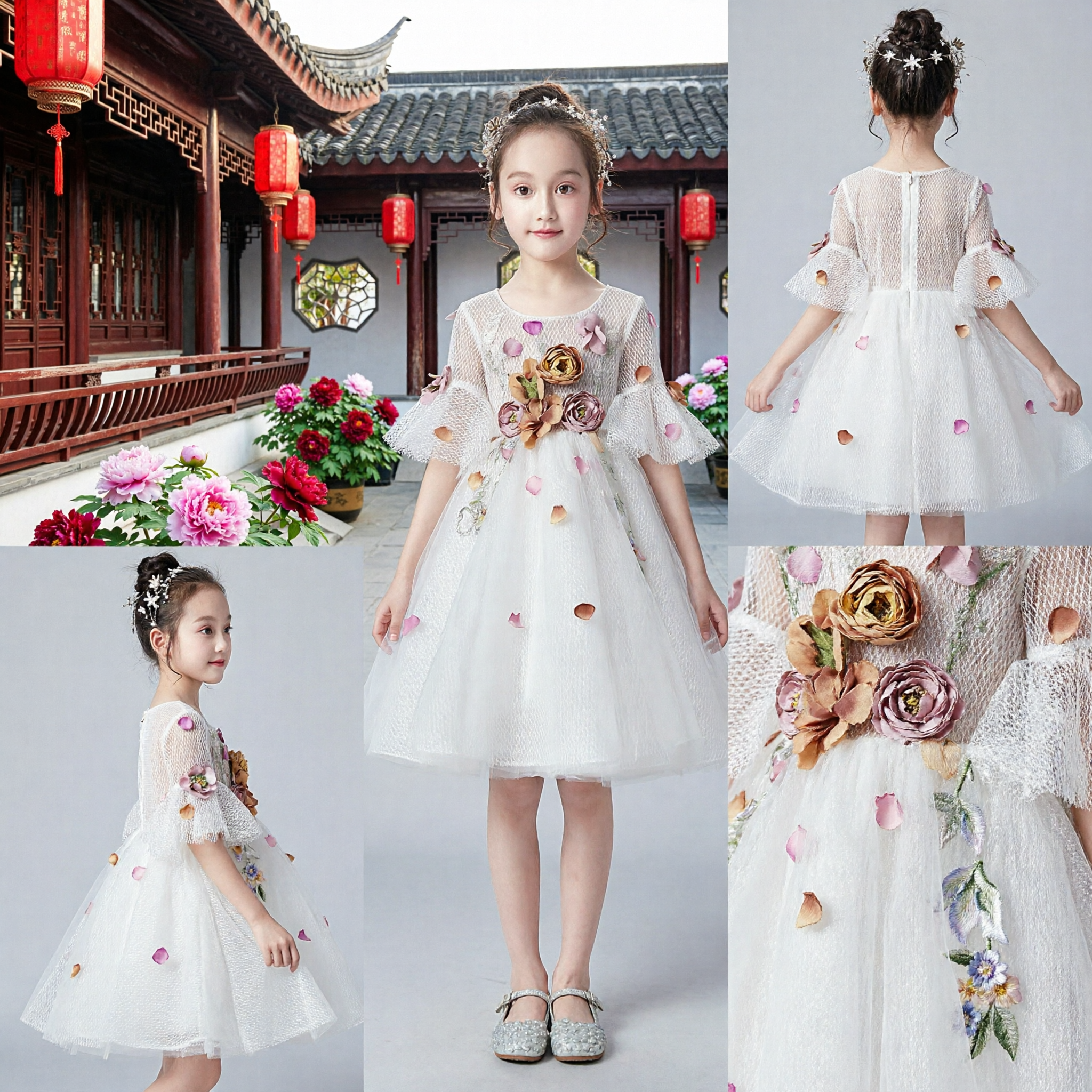 Elegant White Floral Lace Dress for Girls Flower Girl Wedding Party Performance Princess Gown with Bell Sleeves - Asian Costume