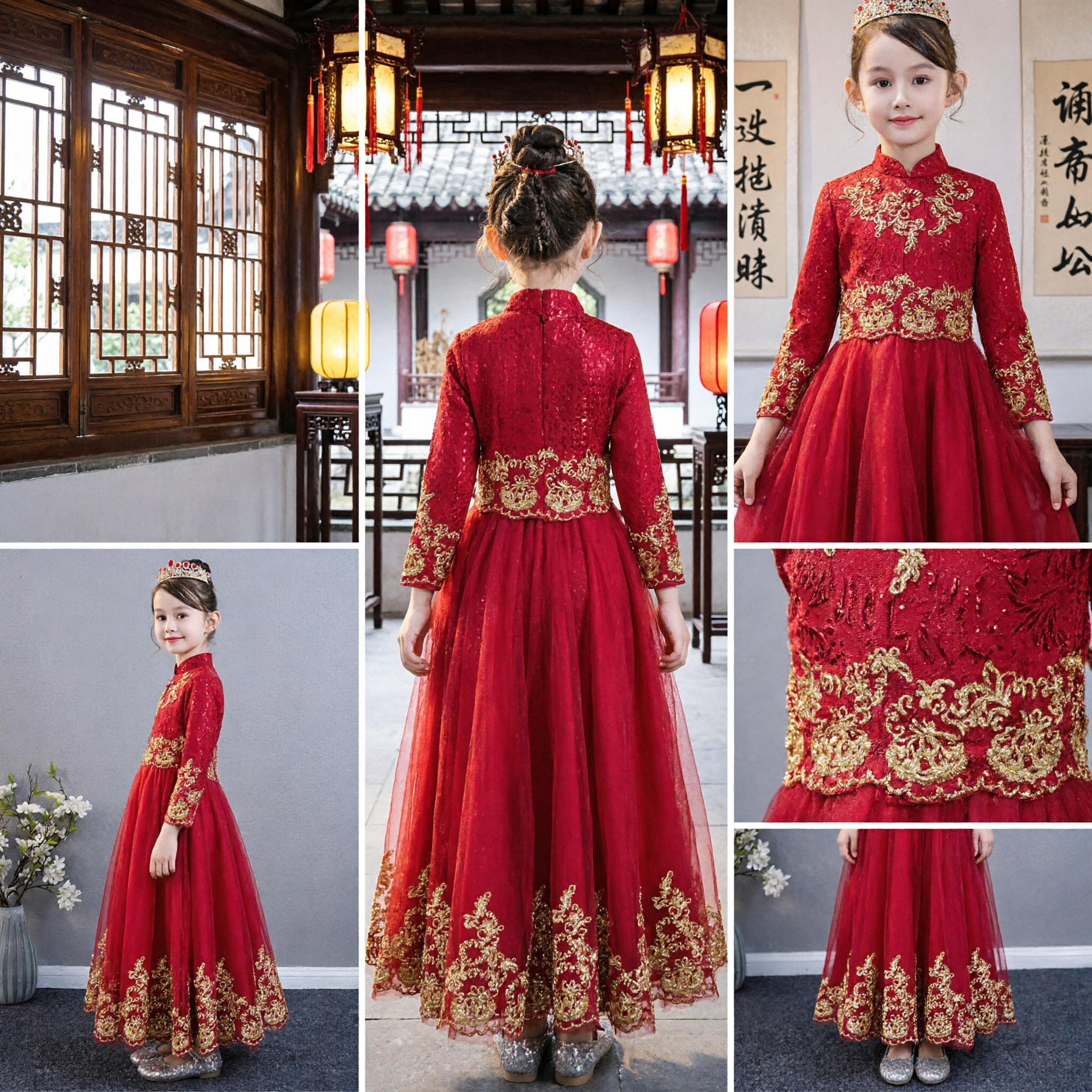 Girls Red Chinese Traditional Qipao Dress Gold Embroidery Long Sleeve Princess Wedding Flower Girl Gown - Asian Costume