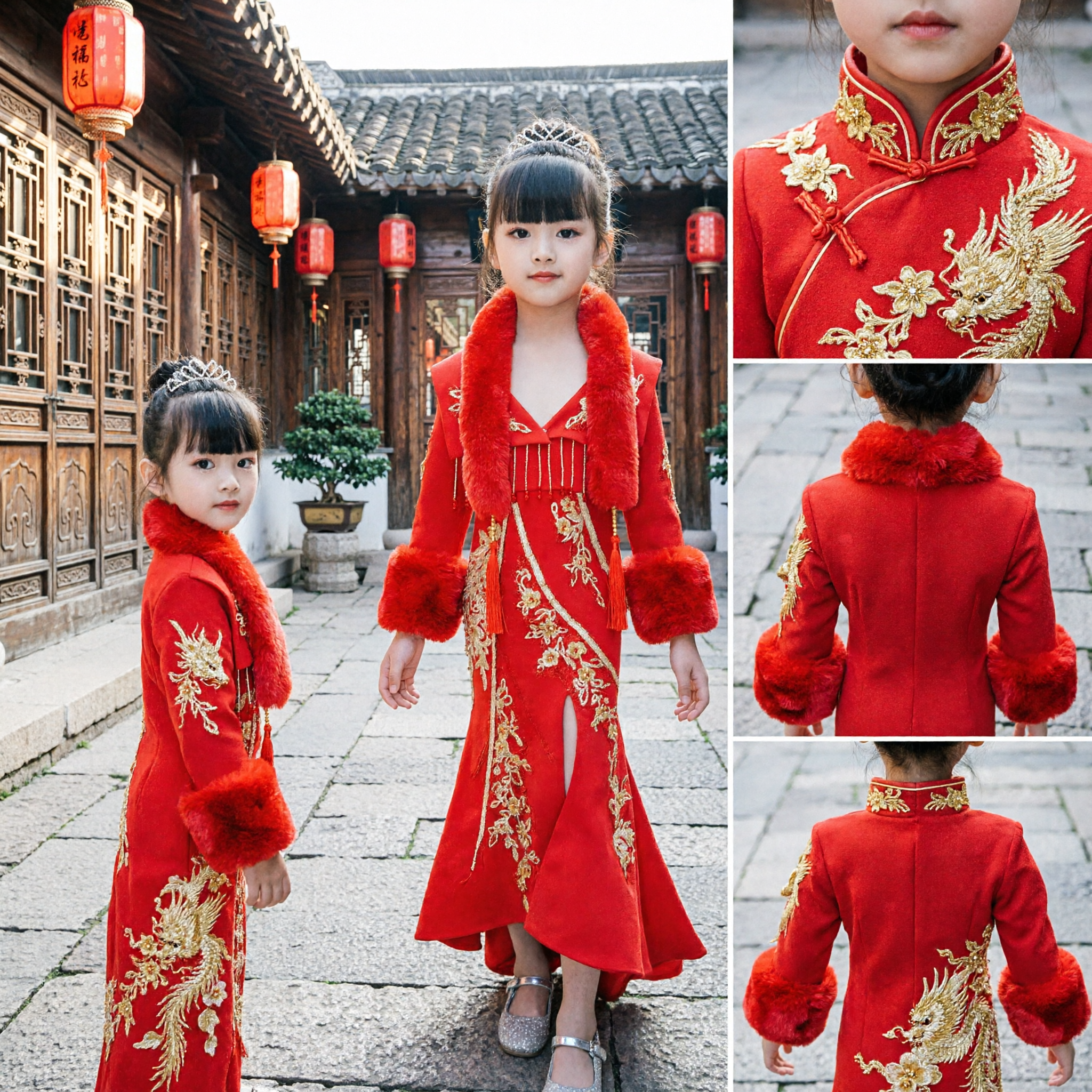 Kinderen Traditionele Chinese Rode Cheongsam Jur met Bontkraag Goud Borduurwerk voor Bruiloft Optreden Presentator - Asian Costume