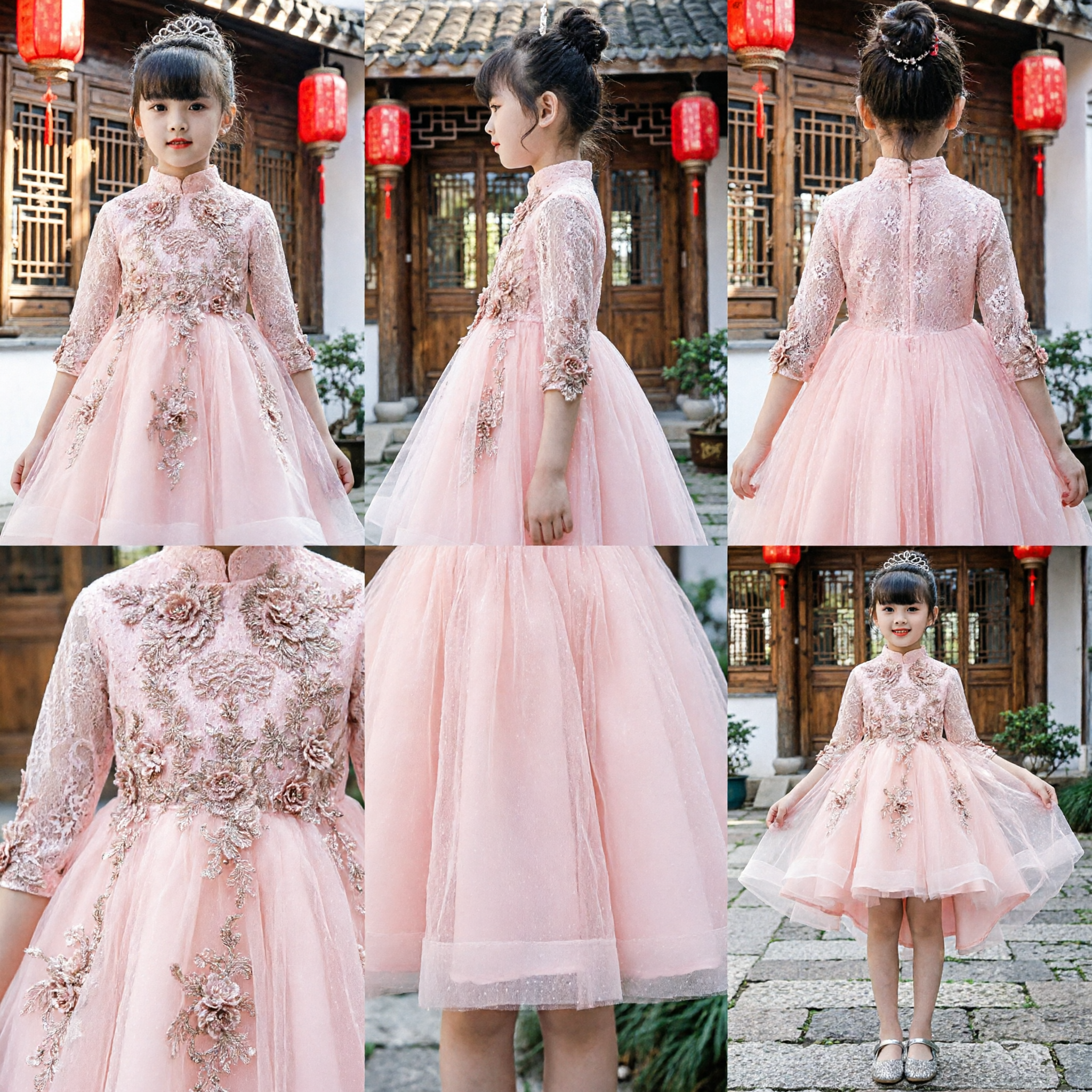 Robe élégante rose traditionnelle chinoise Cheongsam pour enfants en dentelle florale, robe de princesse pour animation de fête de mariage - Asian Costume