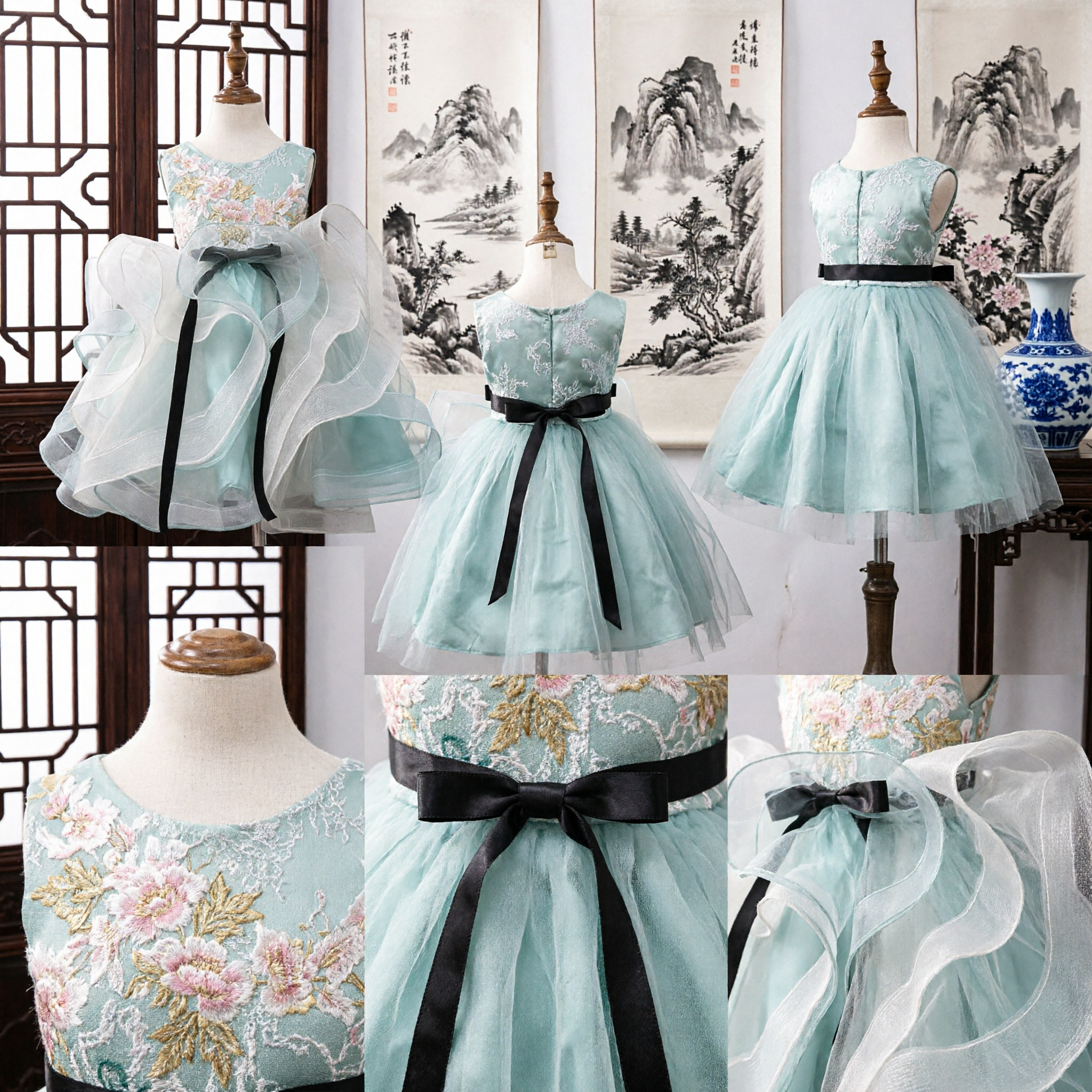 Robe élégante Hanfu avec broderie florale pour filles, robe en tulle bleu clair pour spectacle de fête de mariage - Asian Costume