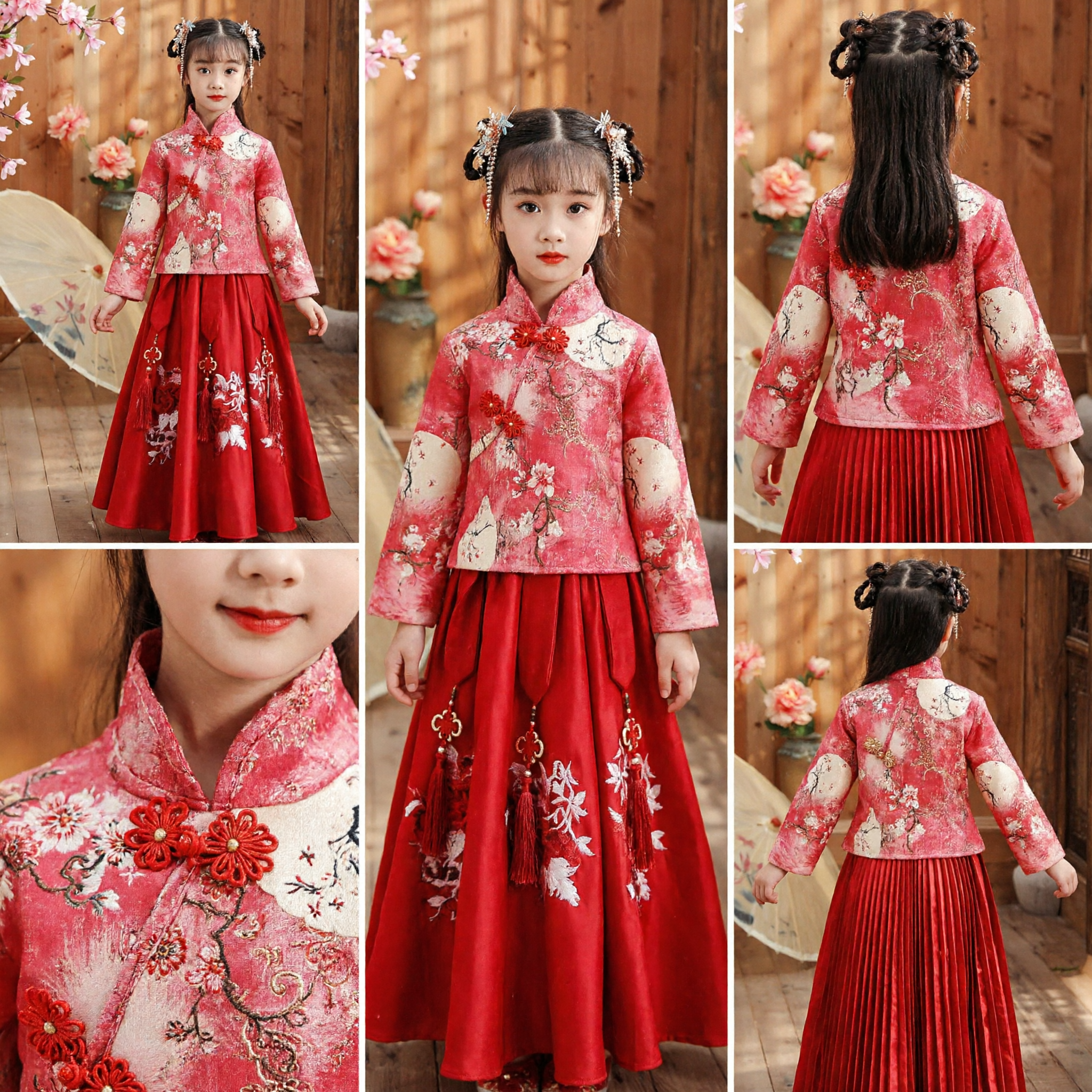 Conjunto Hanfu Tradicional Chino Tang Suit para Niñas, Vestido Rojo con Bordado Floral para la Fiesta de la Primavera, Bodas y Fiestas - Asian Costume