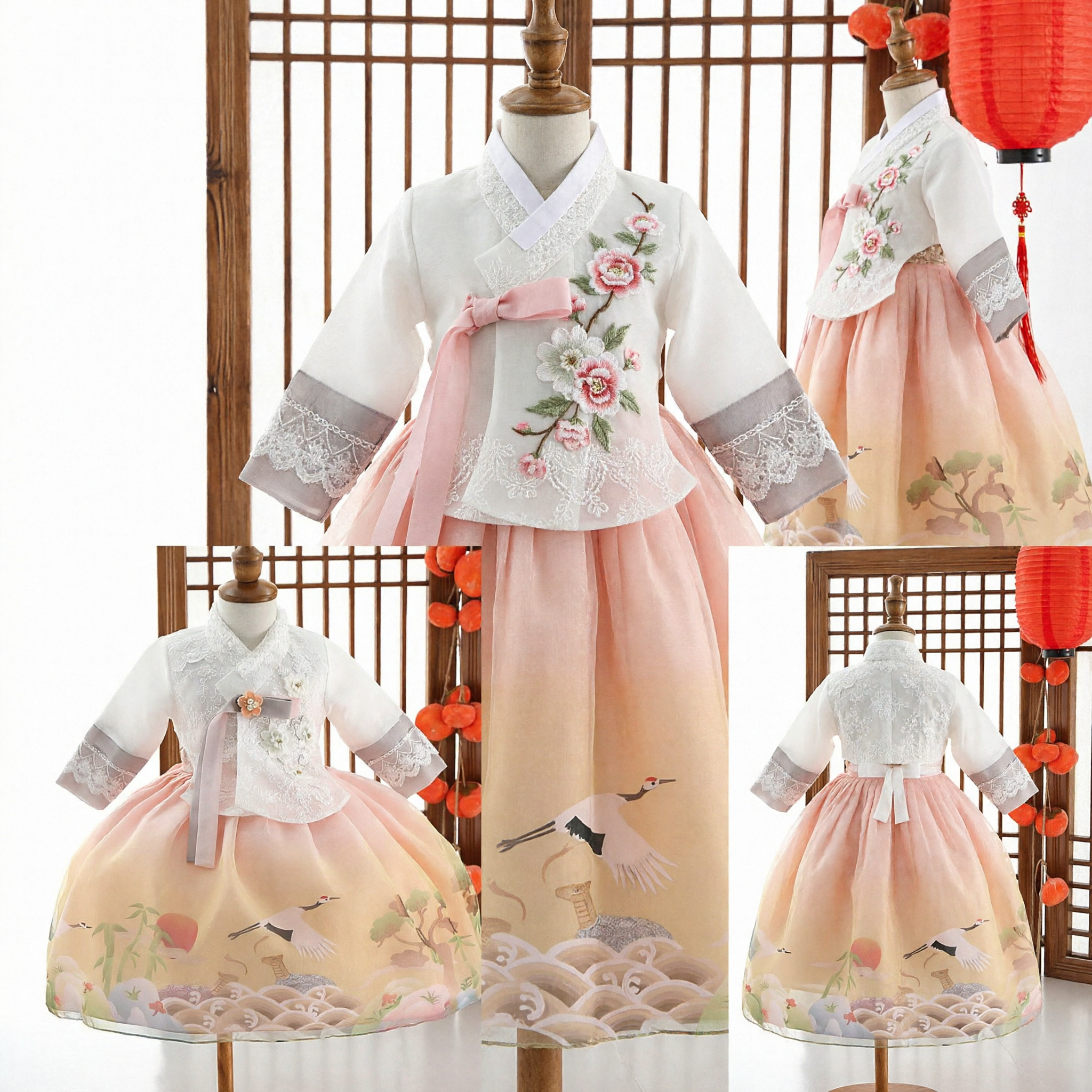 Traditional Korean Hanbok for Girls White Lace Top Pink Crane Print Skirt for 1st Birthday Doljanchi - Asian Costume