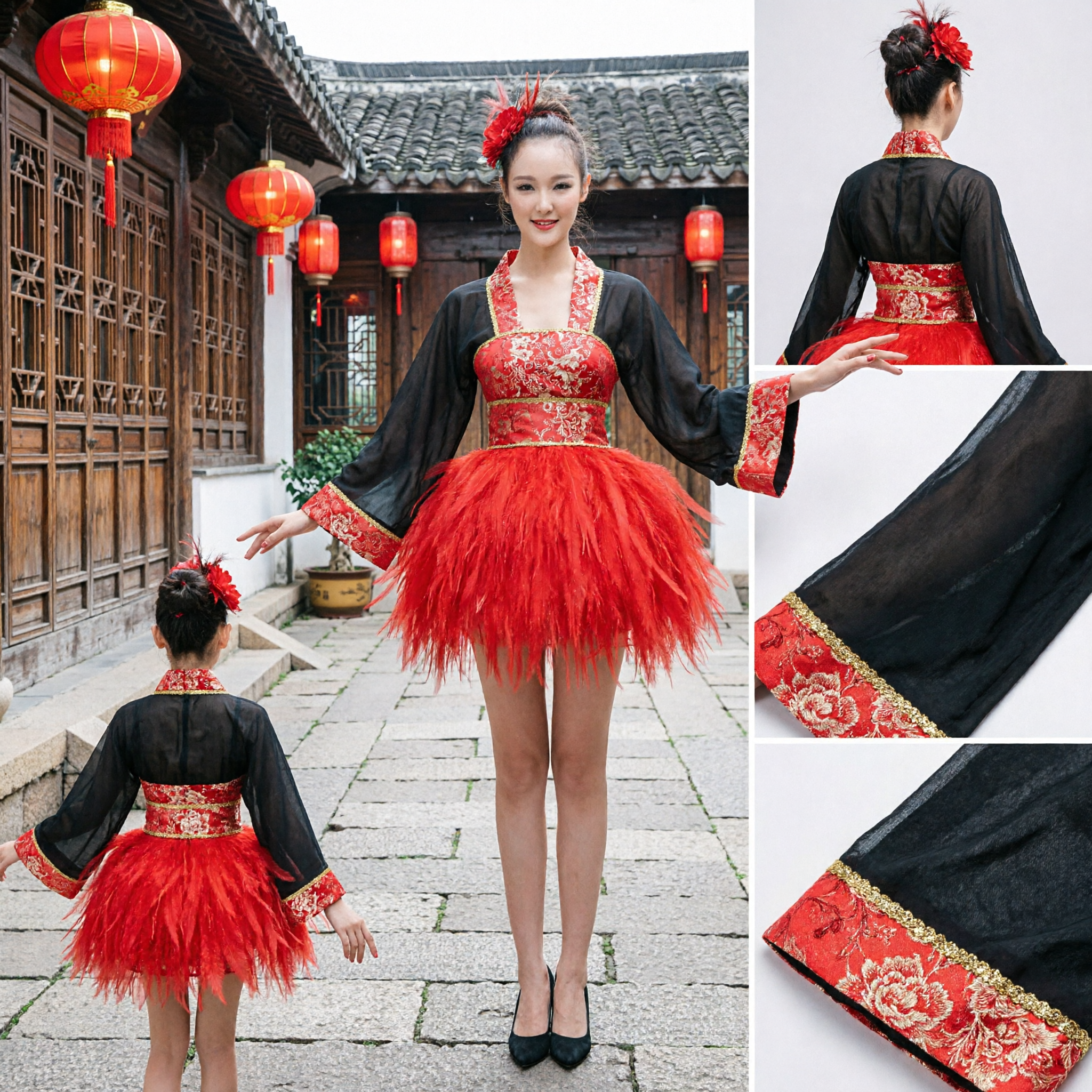 Costume da Danza Tradizionale Cinese per Donne Gonna Tutu Rossa con Top Nero Ricamato per Spettacoli - Asian Costume