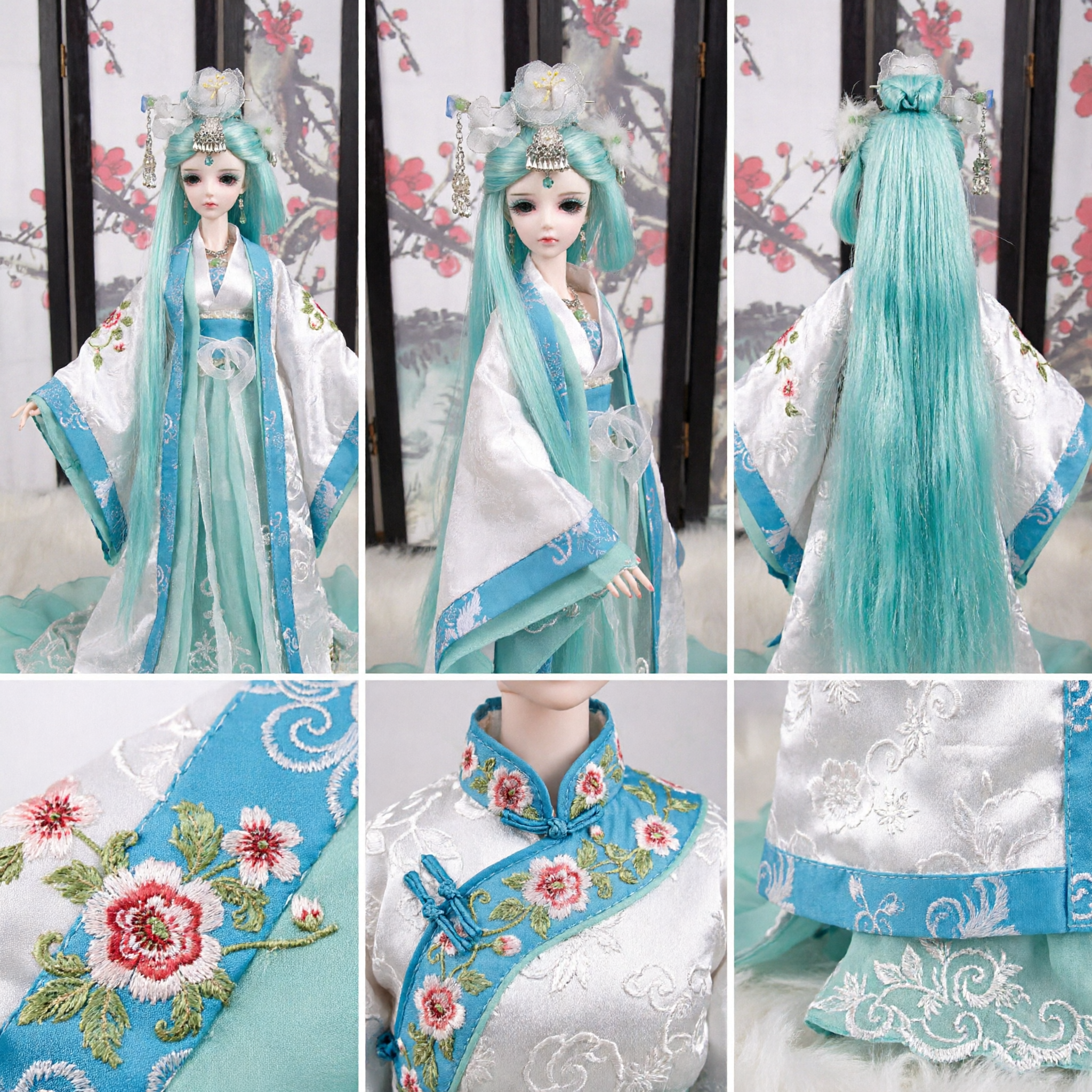 Costume Hanfu Tradizionale Cinese per Bambola BJD Stile Antica Fata Set Accessori Vestito Blu Verde Regalo da Collezione - Asian Costume