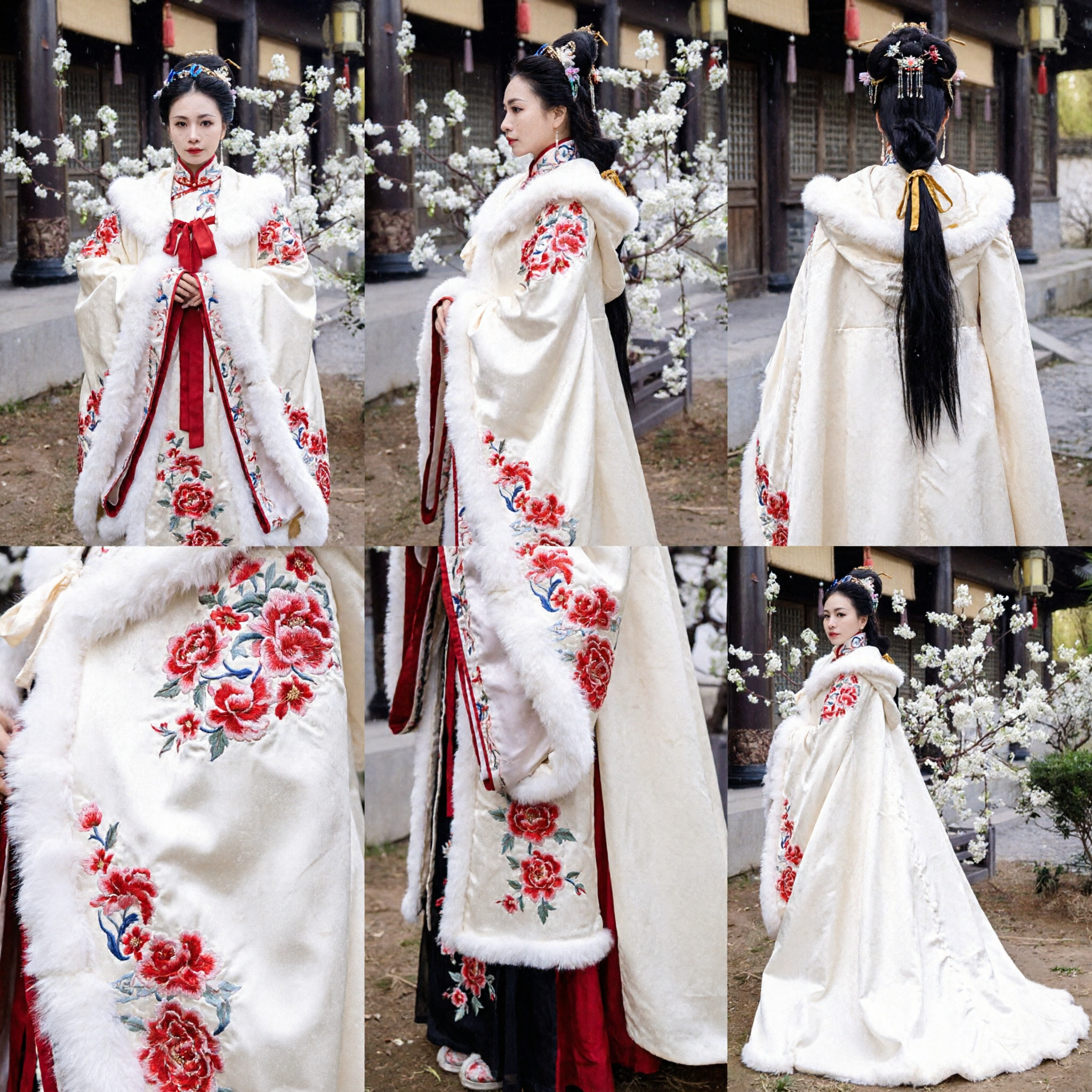 Capa Hanfu de Inverno com Pele Branca Elegante e Bordado Floral Traje Tradicional Chinês para Mulheres - Asian Costume