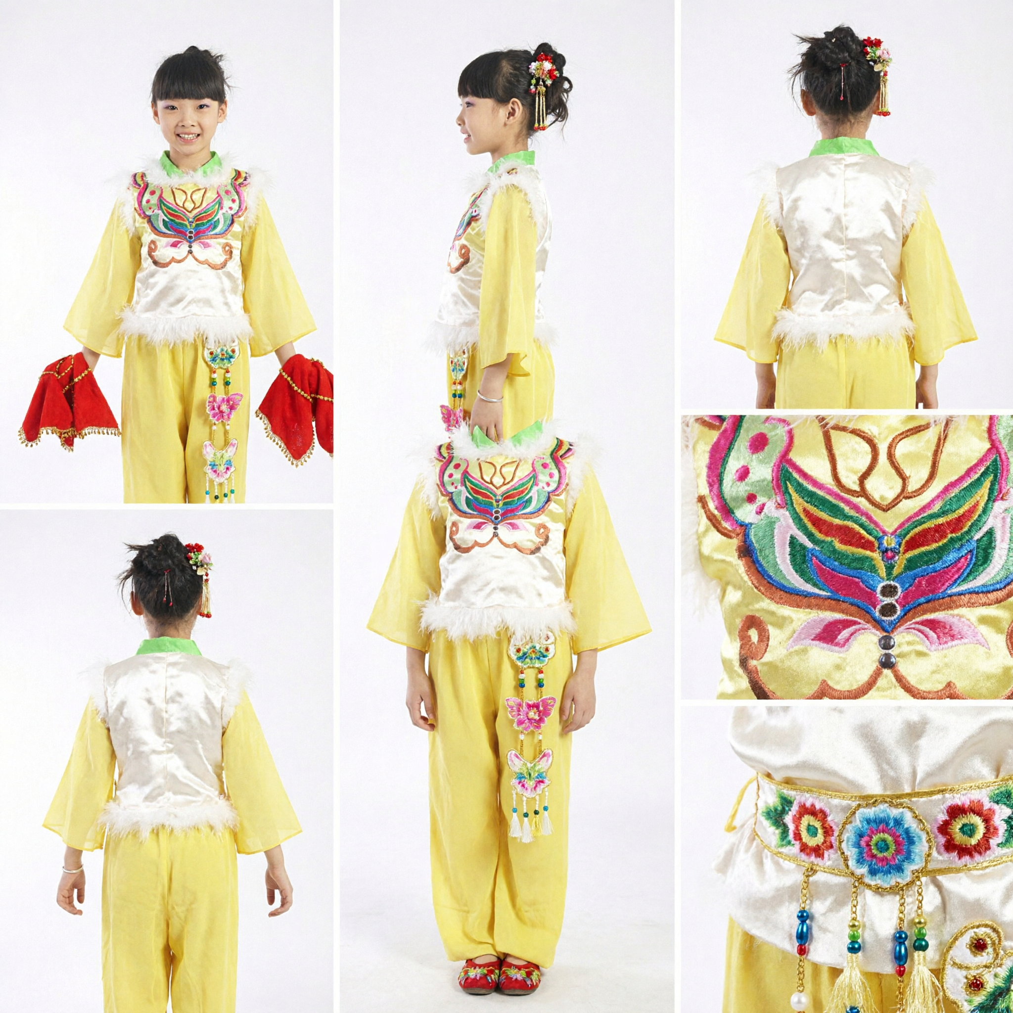 Costume de Danse Folklorique Chinoise pour Filles Robe Traditionnelle Yangge Jaune avec Mouchoir Rouge pour Spectacle - Asian Costume