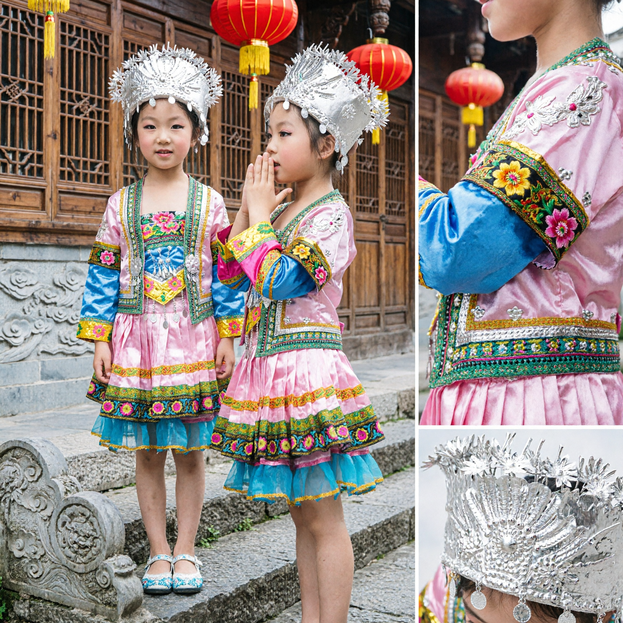 Girls Traditional Chinese Miao Ethnic Dance Costume Pink Embroidered Dress with Silver Headdress for Stage Performance - Asian Costume