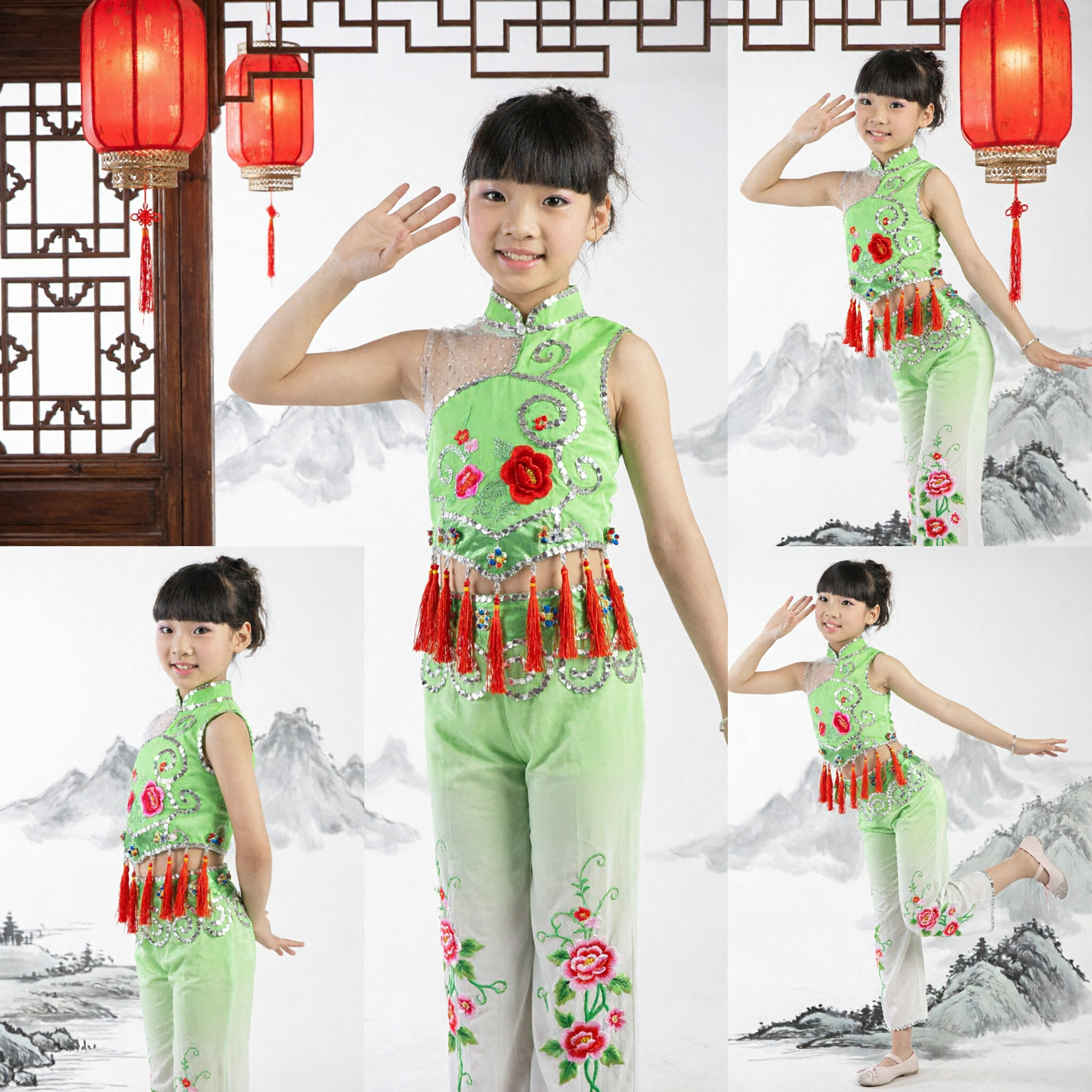 Kinderen Groen Chinees Folk Dance Kostuum Meisjes Pailletten Yangge Top en Broek Podiumoptreden Set - Asian Costume