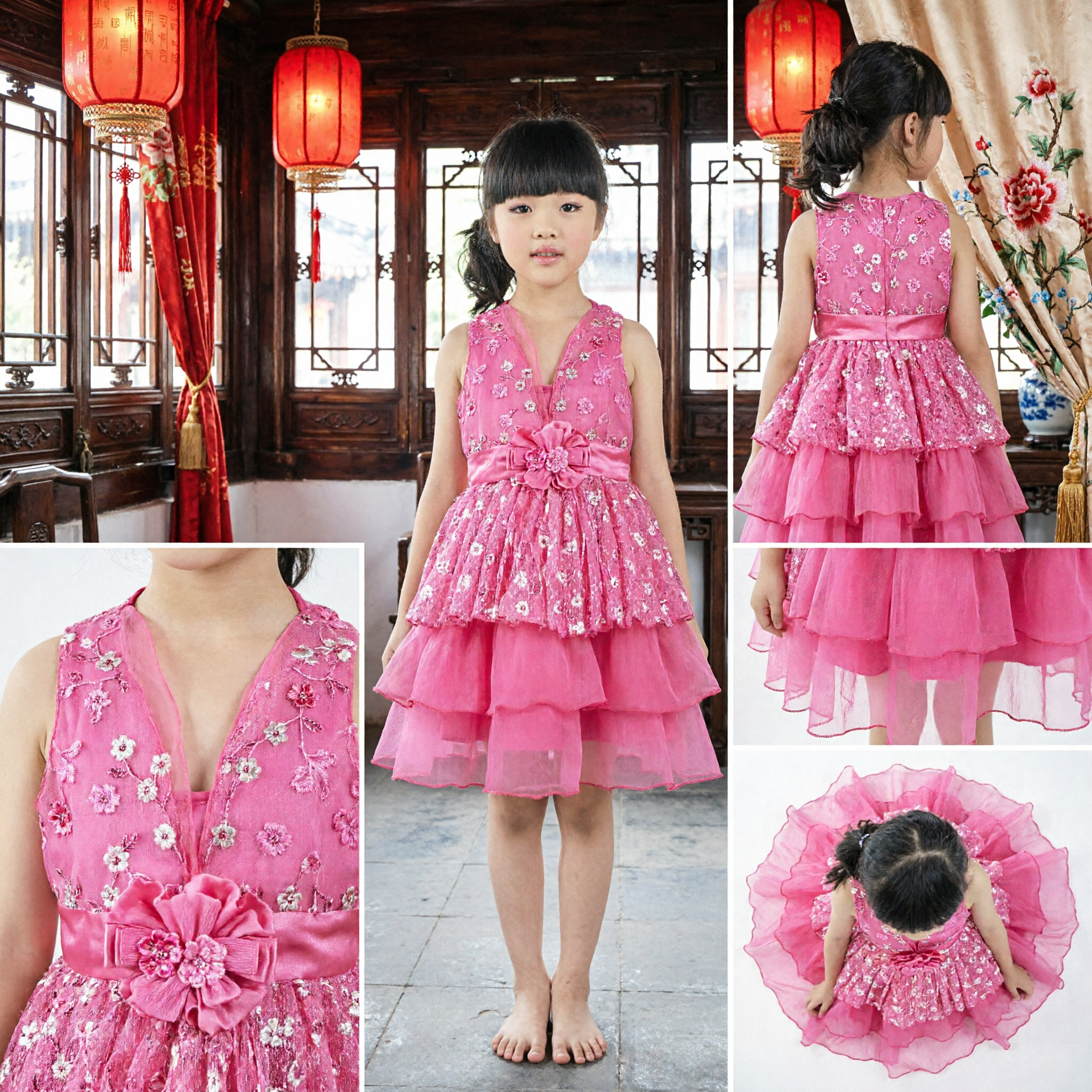 Meisjes Roze Mouwloze Optredensjurk met Pailletten Lijfje en Gelaagde Chiffon Rok voor Feesten - Asian Costume