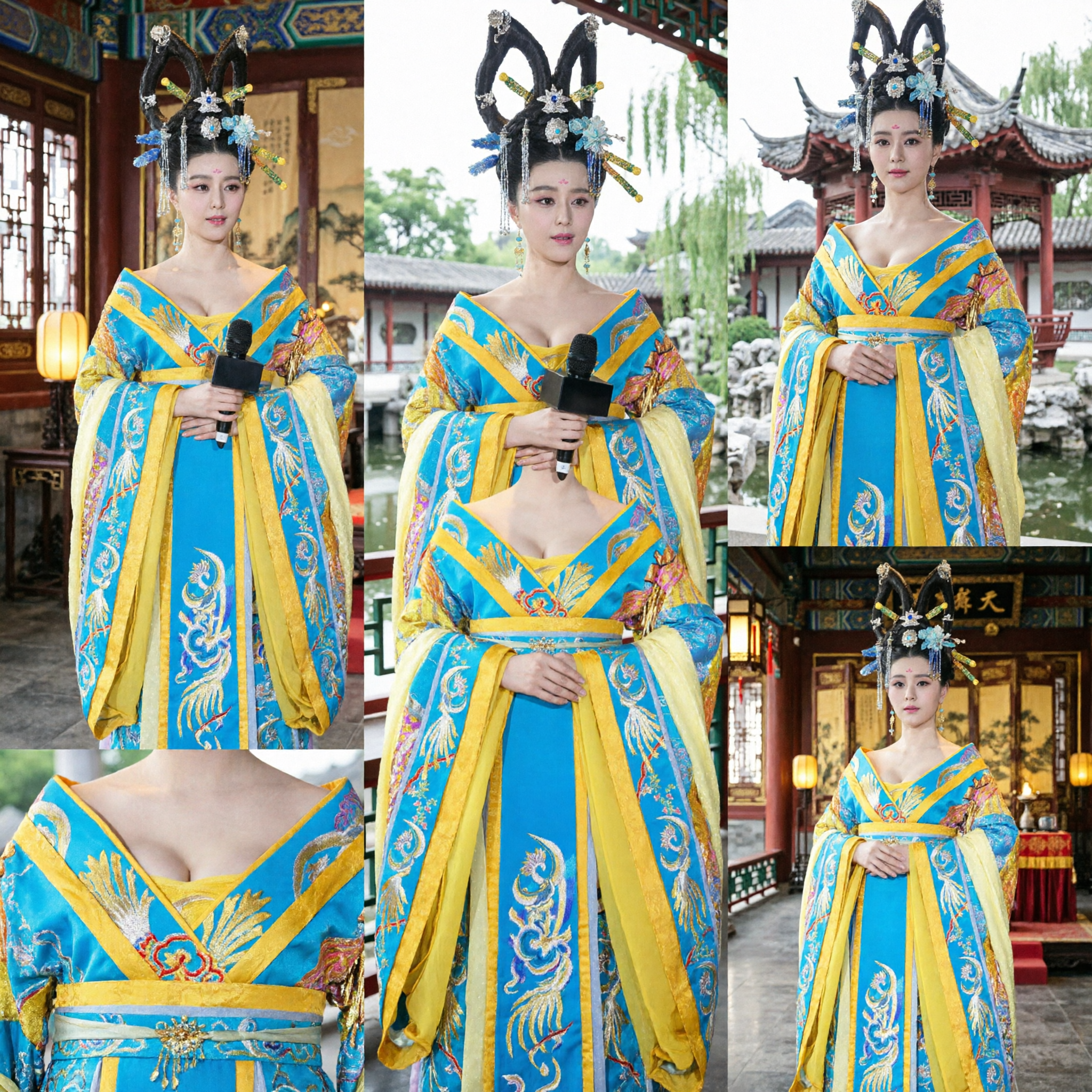 Tradycyjny chiński kostym cesarzowej z dynastii Tang Hanfu niebiesko-złota suknia dla kobiet do cosplayu i występów scenicznych - Asian Costume