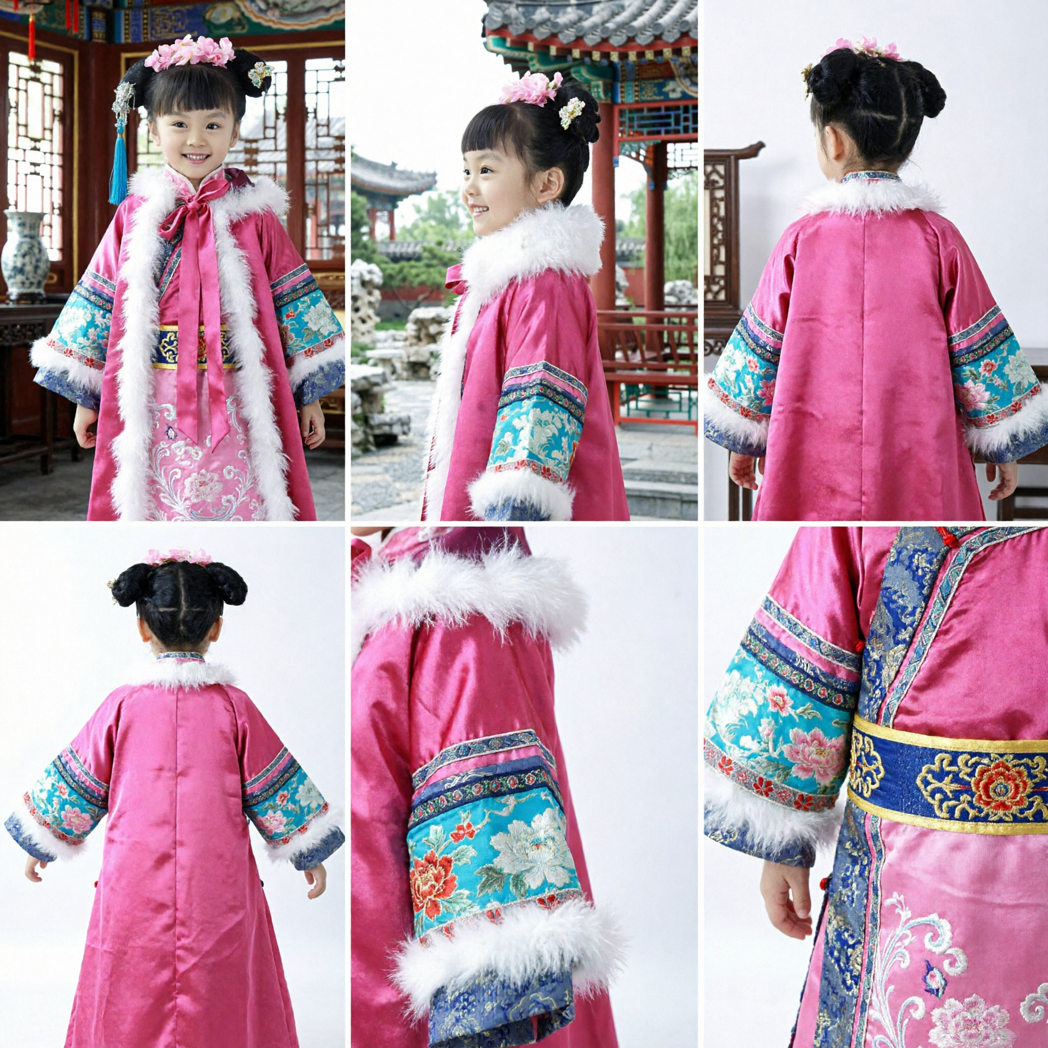 Traje Tradicional Chinês de Princesa da Dinastia Qing para Meninas - Vestido Hanfu com Manto de Pele Rosa para Crianças no Ano Novo Lunar - Asian Costume