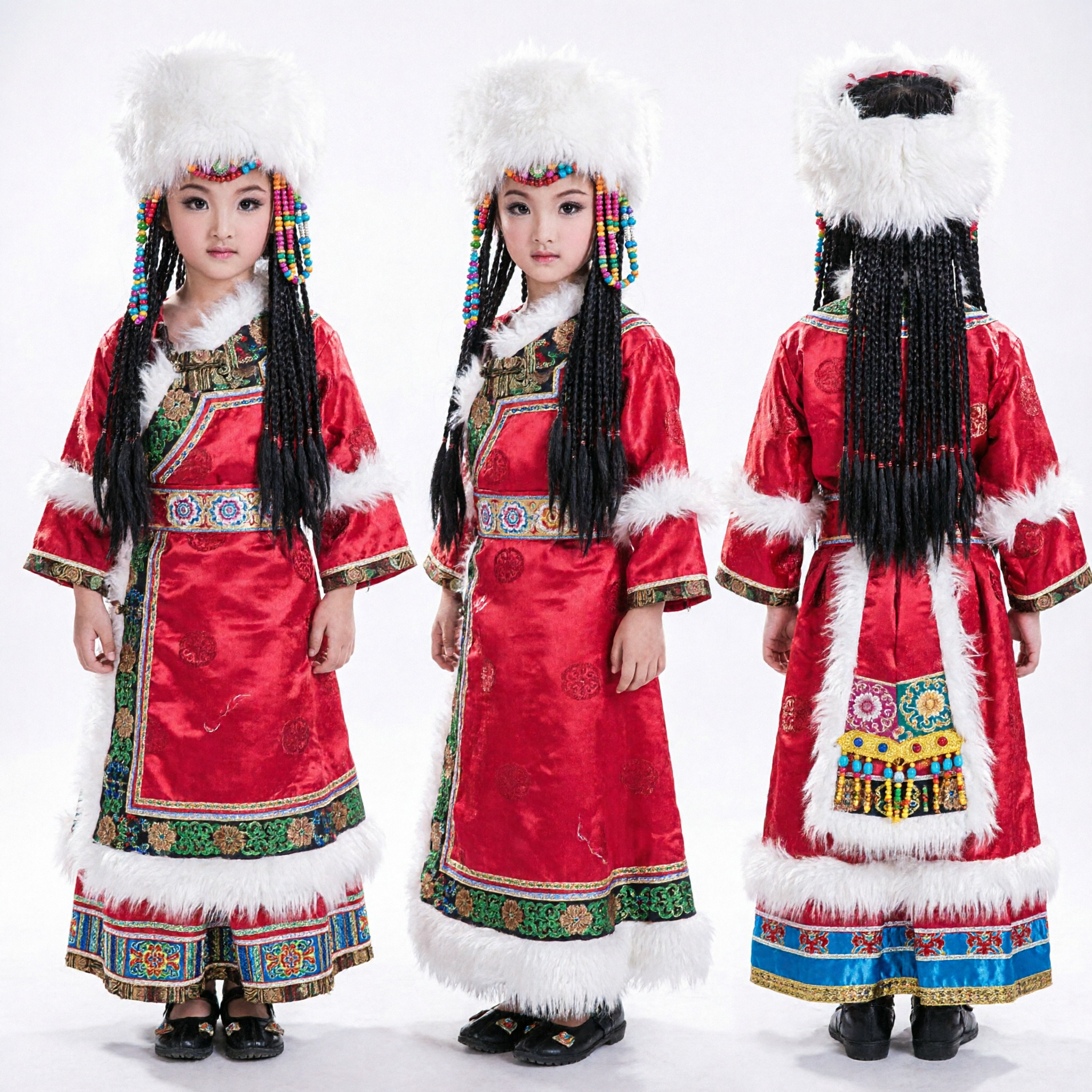 Traje Étnico de Dança Tradicional Tibetano-Mongol para Crianças Meninas - Robe Vermelha com Chapéu de Pele para Performance no Palco - Asian Costume
