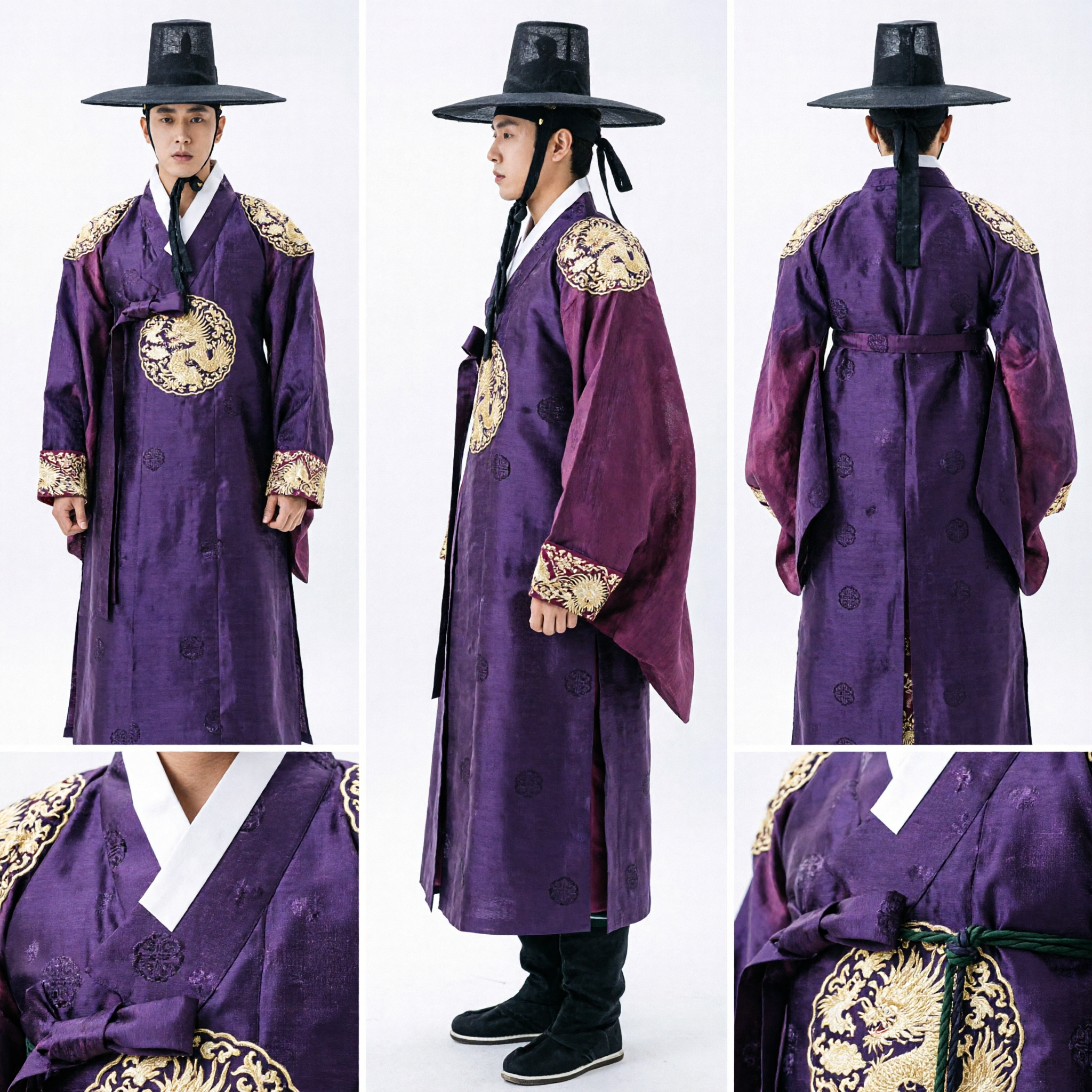 Männer lila koreanisches traditionelles Hanbok-Gewand mit schwarzem Gat-Hut Historisches Kostüm für Hochzeiten - Asian Costume