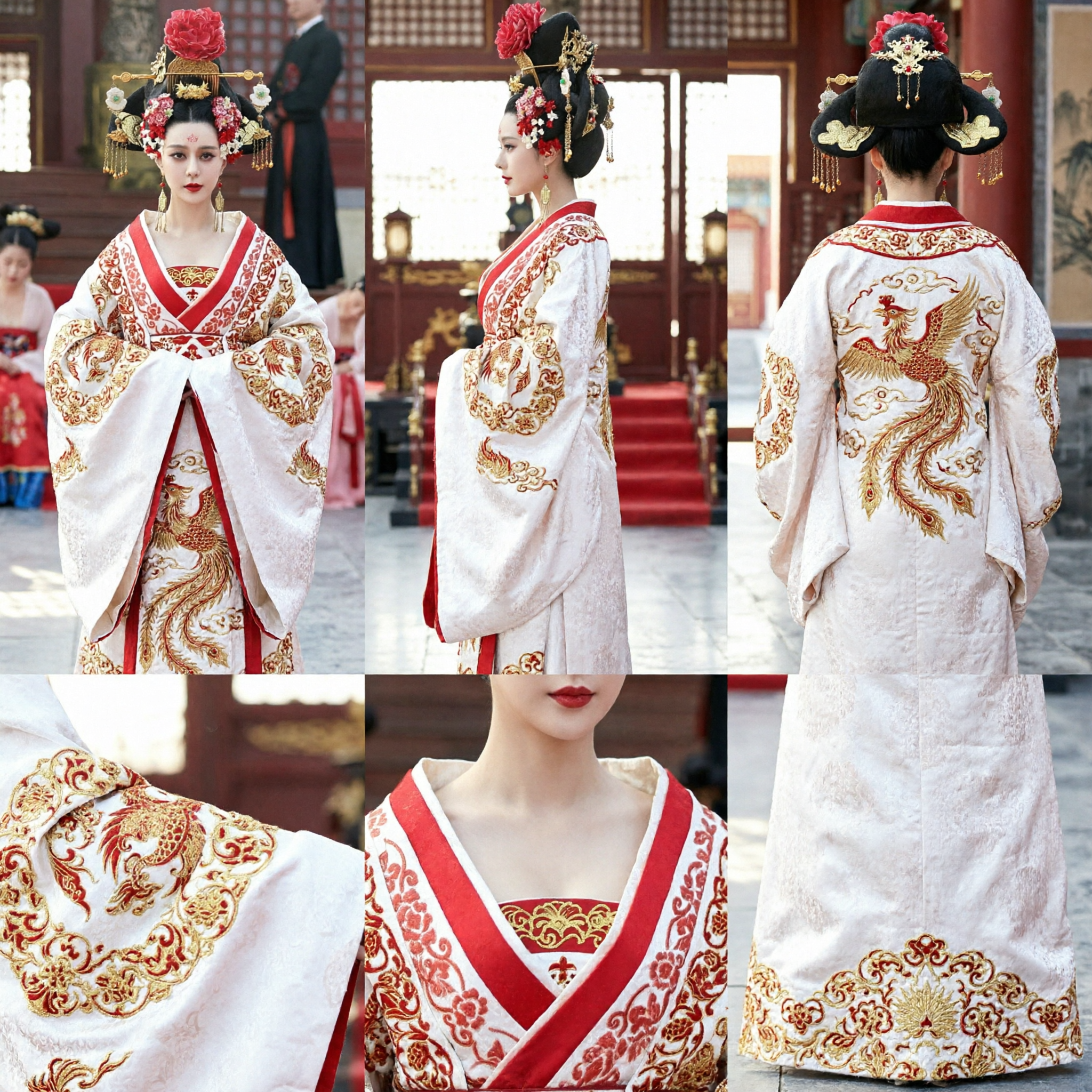 Peluca con Tocado de Emperatriz de la Dinastía Tang Tradicional con Adornos Dorados y Flores Rojas para Cosplay Hanfu Chino - Asian Costume