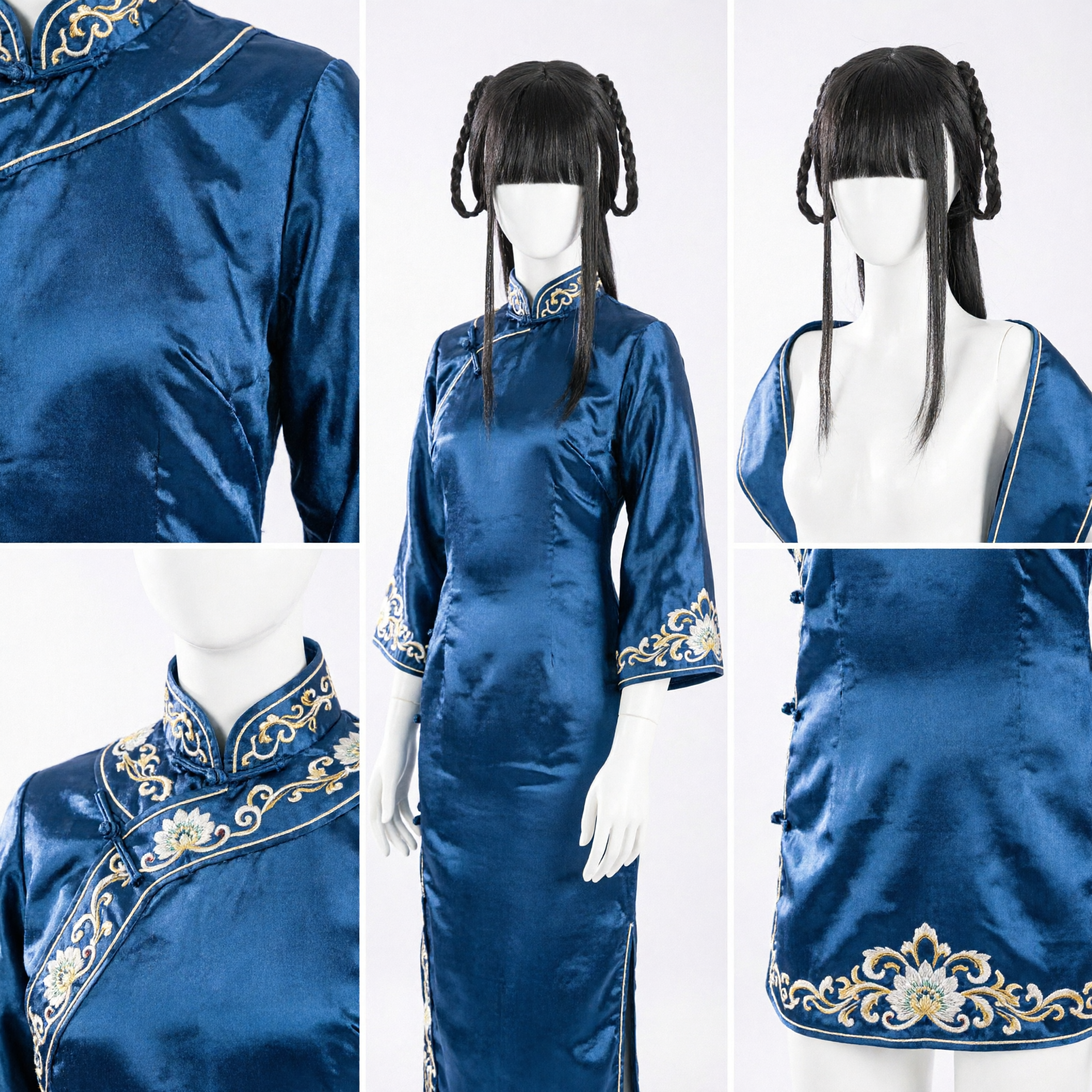 Parrucca Antica Cinese Nera con Doppi Chignon Intrecciati e Frangia Lunga per Costume Hanfu Cosplay - Asian Costume