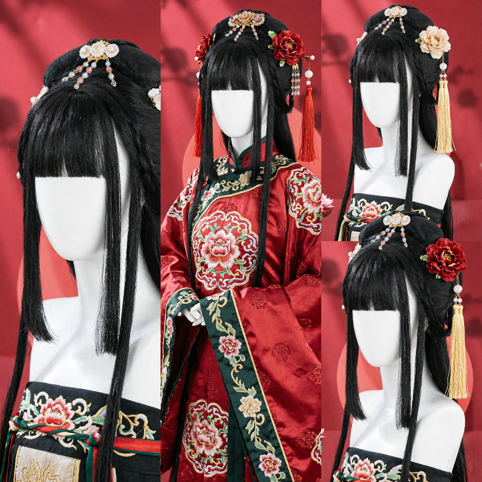 우아한 중국 고대 한푸 가발 세트 (꽃 머리핀 포함, 여성 전통 궁녀 코스프레 의상용) - Asian Costume