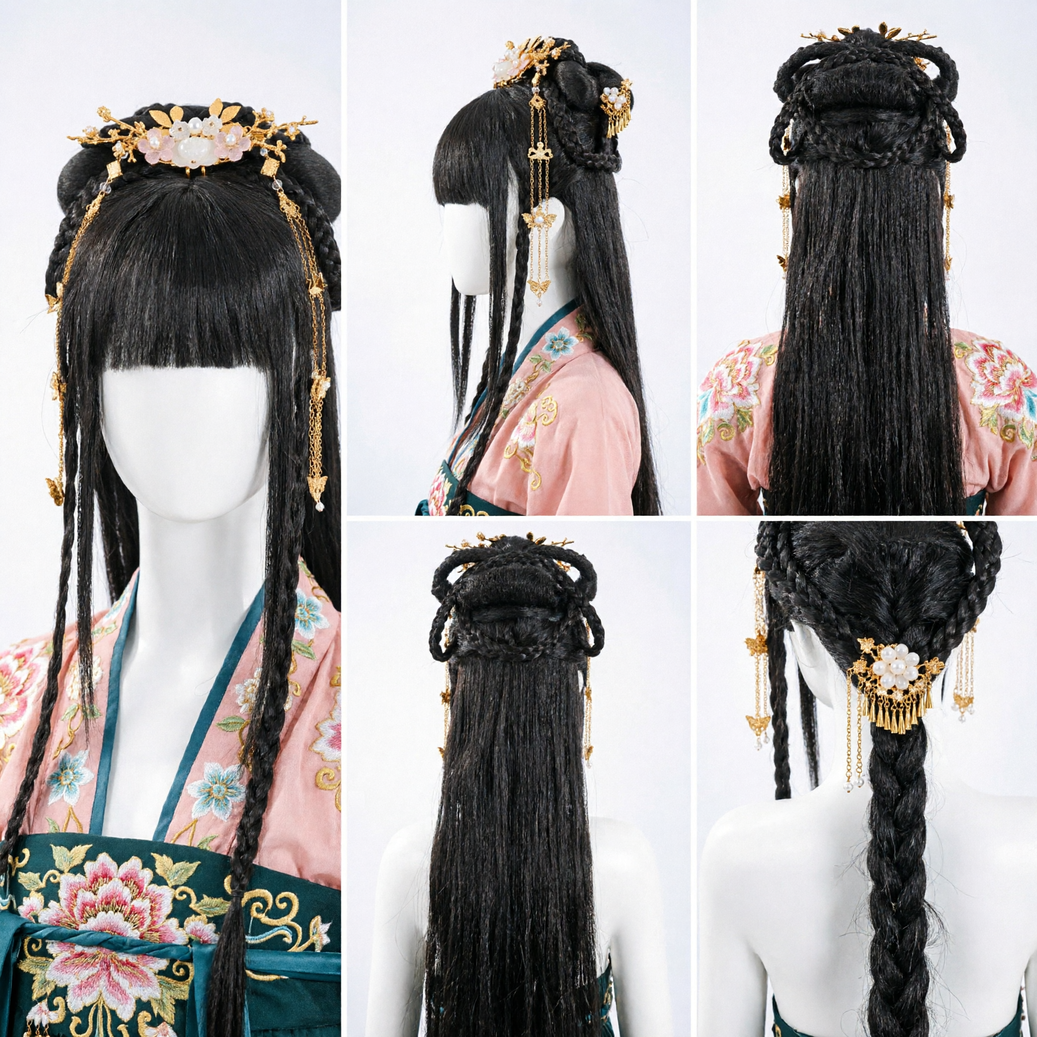 Chinesisches antikes schwarzes Perücke mit Zöpfen und goldener Blumenhaarnadel für Hanfu Cosplay Frauen - Asian Costume