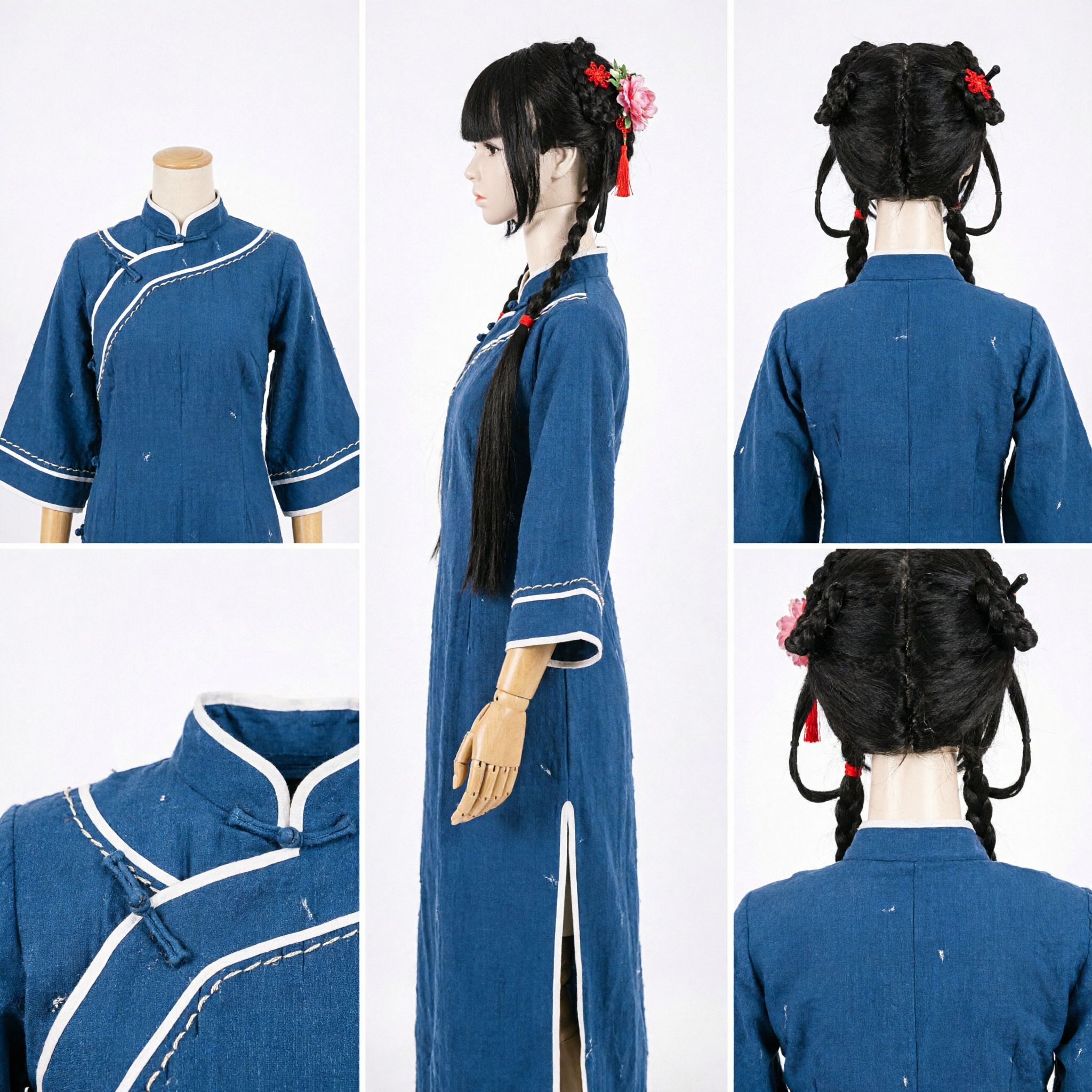 Traditionelles antikes chinesisches schwarzes geflochtenes Perücke Doppelduttbälle Hanfu Cosplay Haarteil für Frauen Mädchen - Asian Costume
