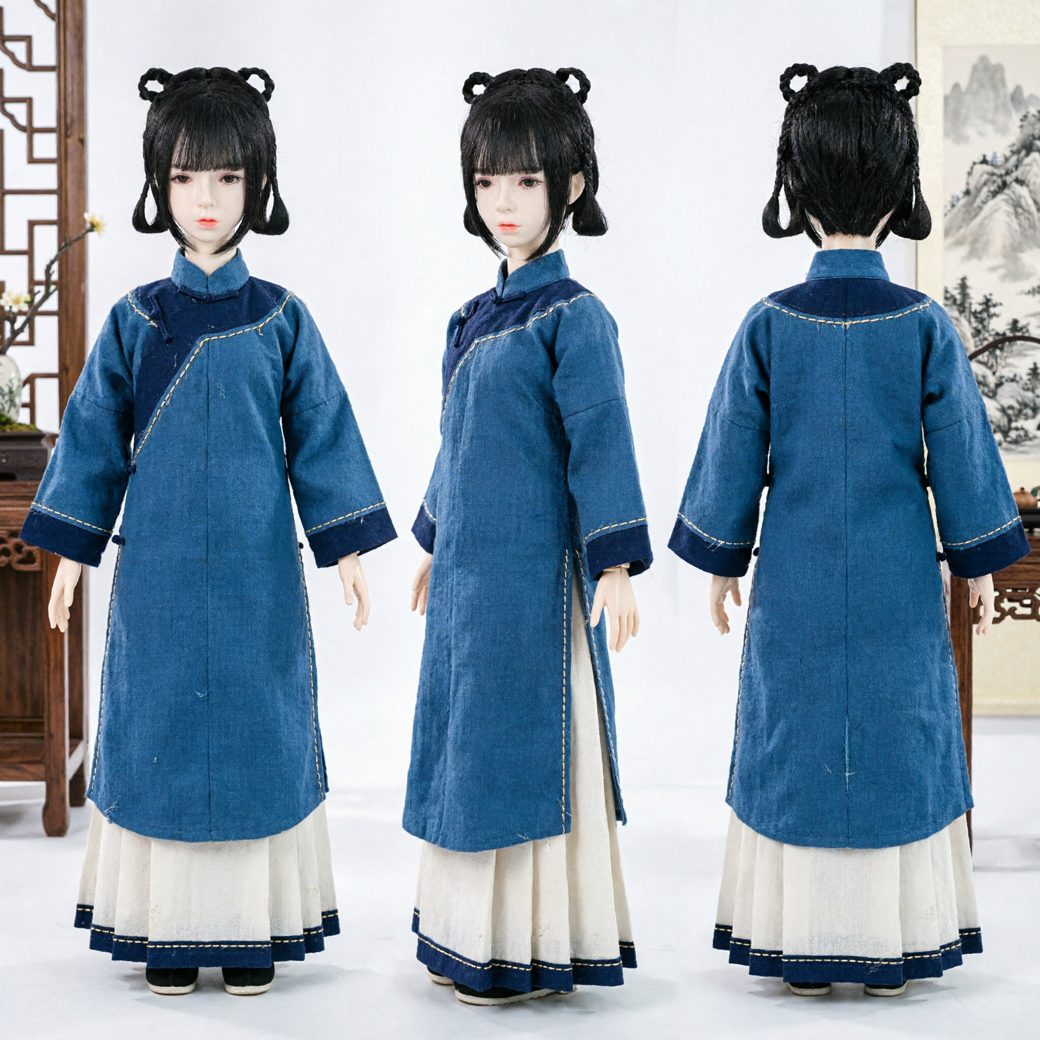 Traditionelles chinesisches antikes schwarzes Perücke Doppelduttbälle geflochtenes Haarteil für Hanfu Cosplay Frauen - Asian Costume