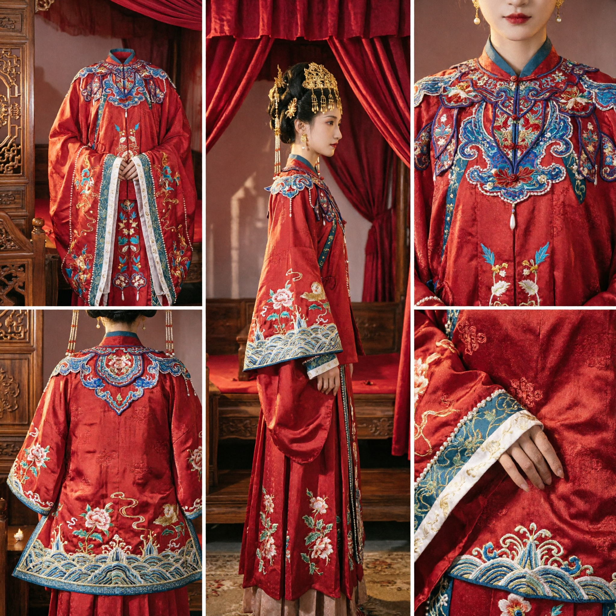 Traditional Chinese Ming Dynasty Wedding Dress Ancient Bride Hanfu Costume Red Embroidered Robe with Phoenix Crown - Asian Costume