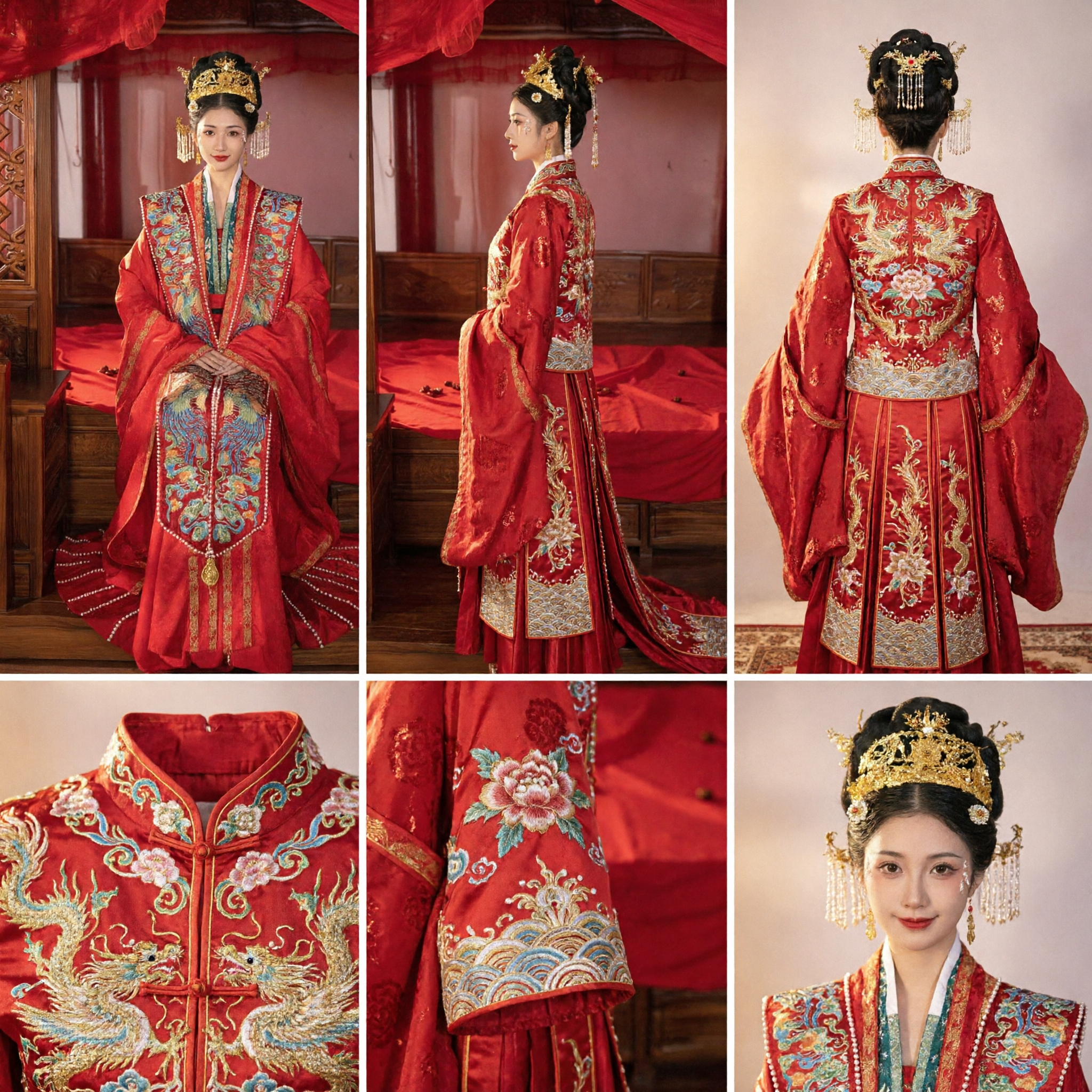 伝統的中国 婚礼衣装 赤い明王朝 漢服 鳳凰刺繍 花嫁衣裳 完全セット - Asian Costume