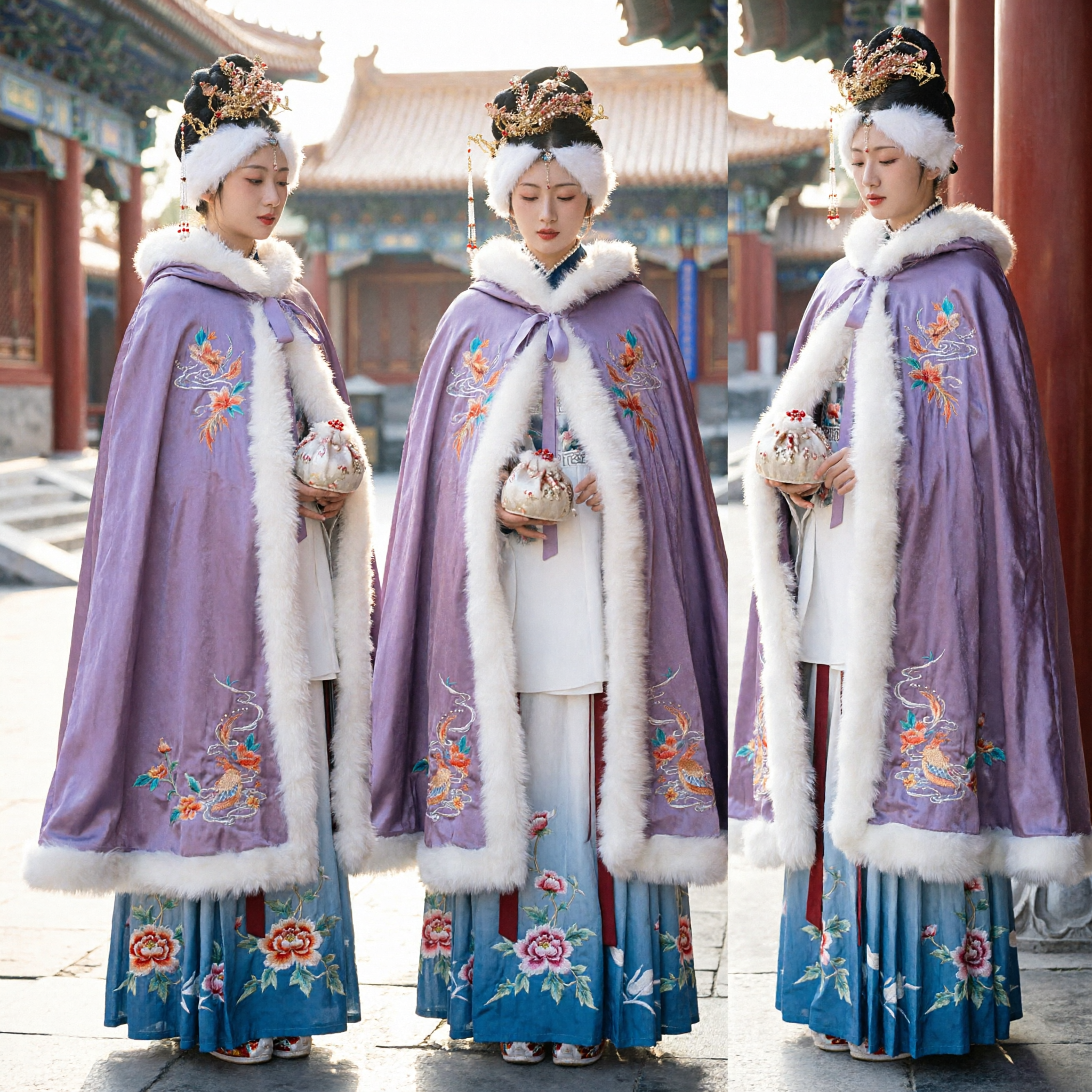Manto de Inverno Tradicional Antigo Chinês Hanfu Púrpura com Barra de Pele Branca e Capa Bordada para Mulheres Cosplay - Asian Costume