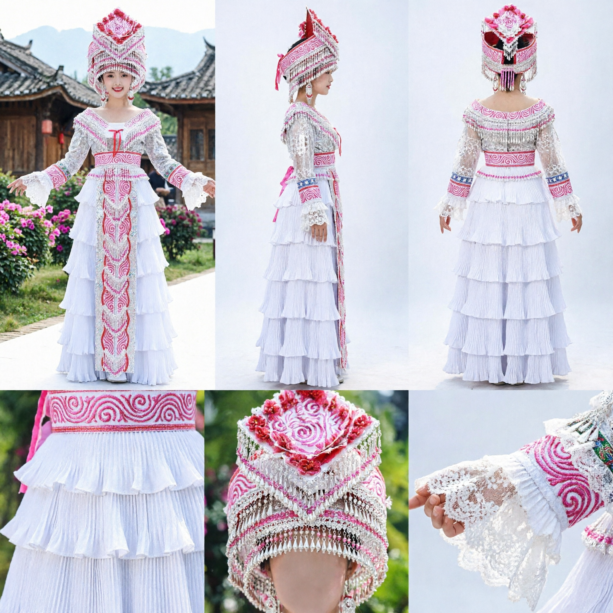Costume tradizionale cinese dell'etnia Miao con copricapo in argento, abito bianco a balze per danza sul palco - Asian Costume