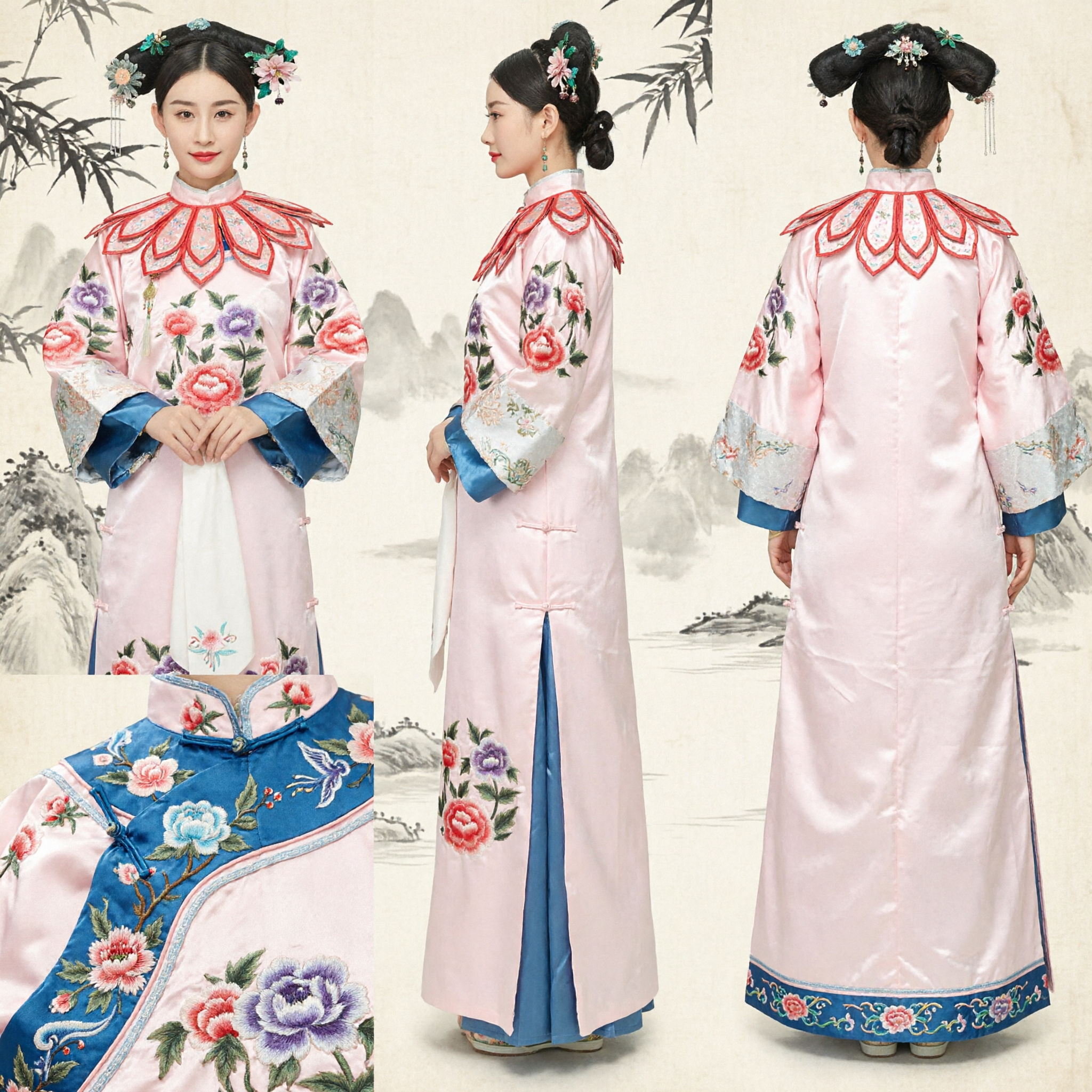 전통 중국 청나라 만주 공주 의상 모녀 매칭 한푸 자수 핑크 로브 문화 행사용 - Asian Costume