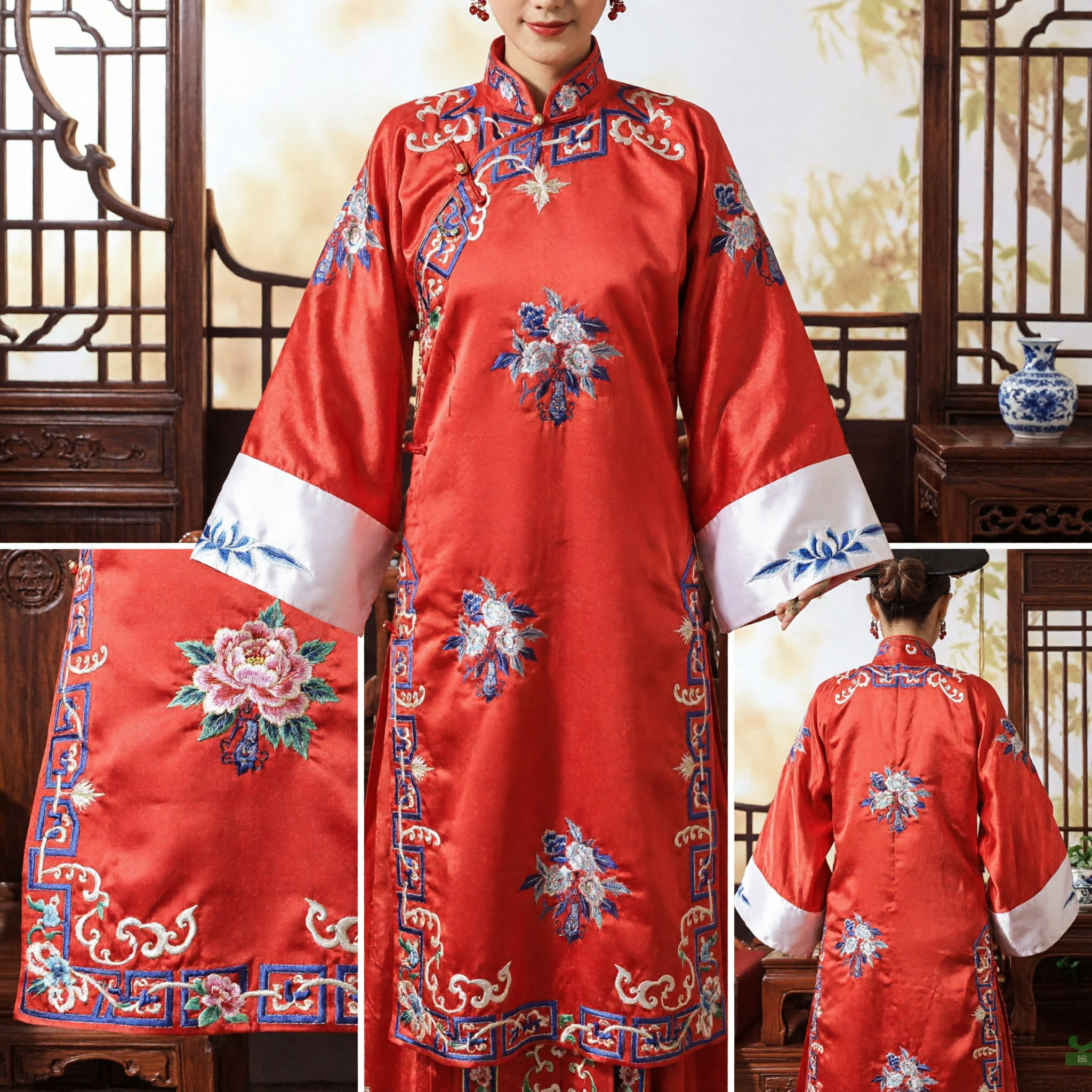 Traditioneel Chinese Bruidsjurk Qing-dynastie Manchu Prinses Rood Geborduurde Gewaad Oud Kostuum voor Bruid - Asian Costume