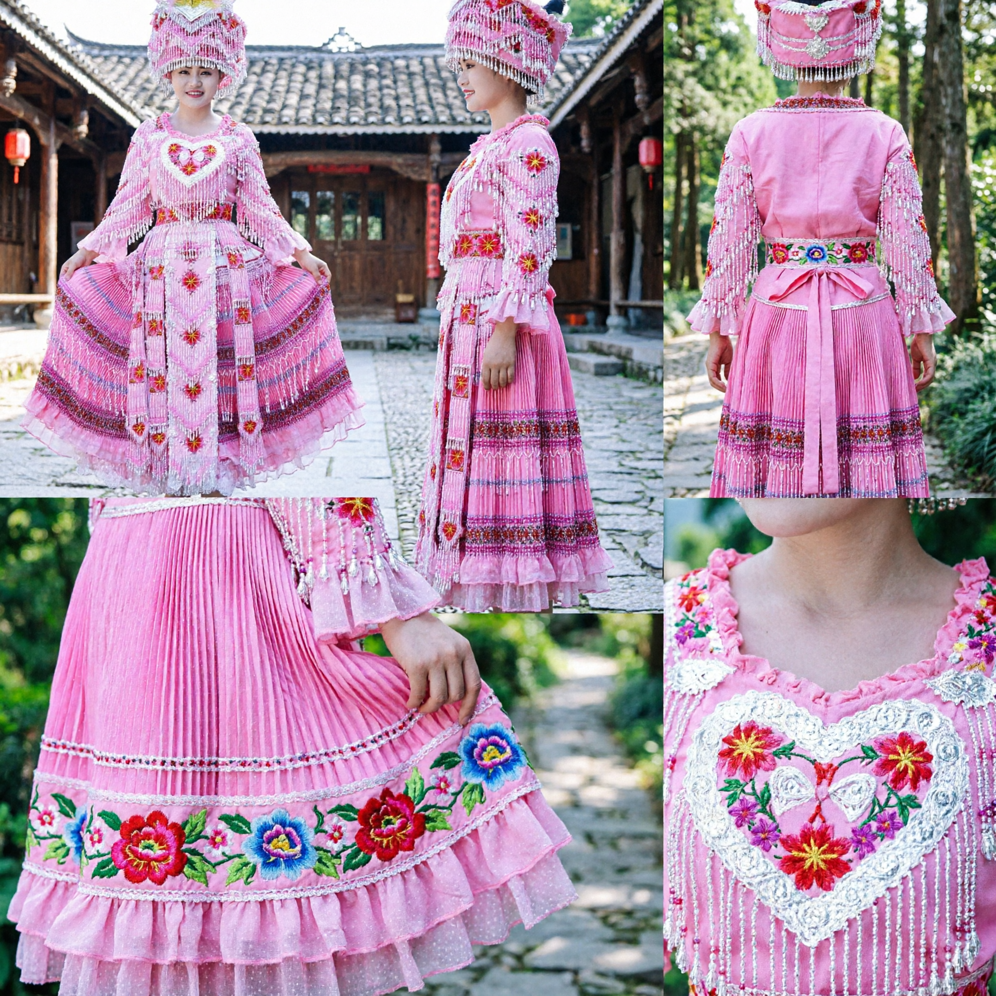 Vestido Rosa Bordado Miao Tradicional Chino con Flecos de Cuentas y Tocado para Presentación de Danza Folclórica de Mujeres - Asian Costume