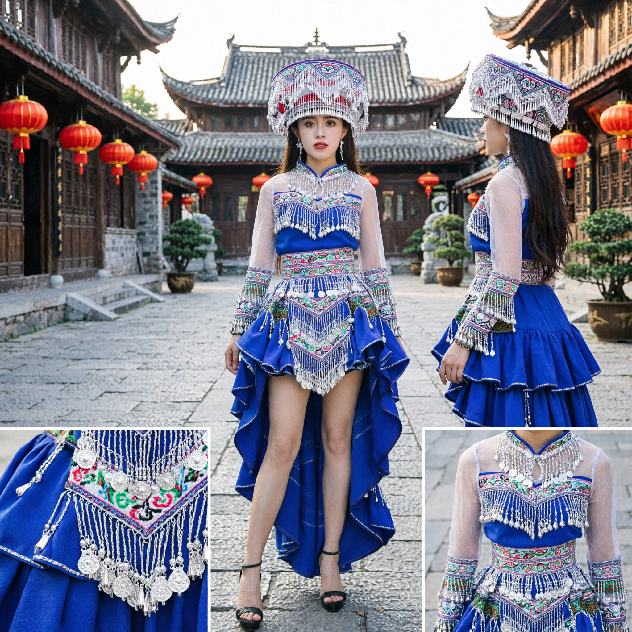 전통 중국 묘족 소수민족 의상 파란색 은색 자수 무대 춤 드레스와 머리장식 여성용 - Asian Costume