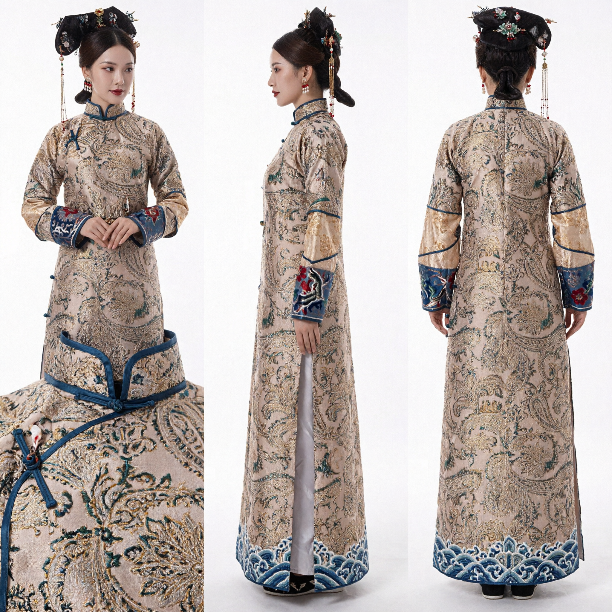 고대 중국 청나라 만주 공주 의상 전통 궁중 자수 로브 여성용 - Asian Costume