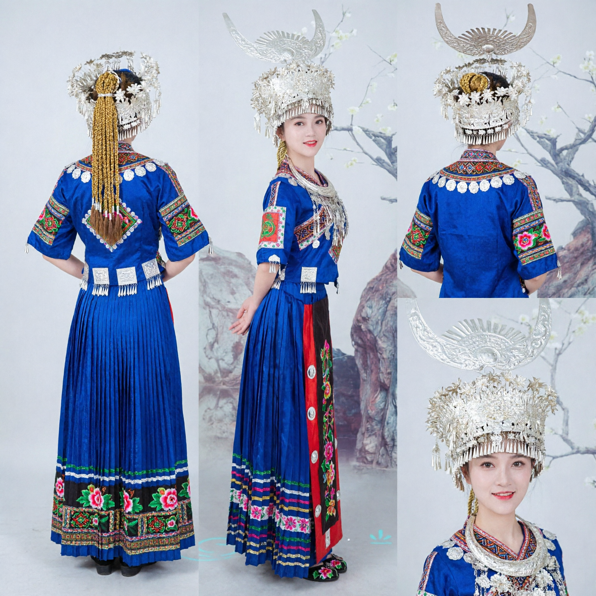 فستان المياو الصيني التقليدي الأزرق المطرّز مع تاج فضة للنساء لأداء الرقص الشعبي - Asian Costume