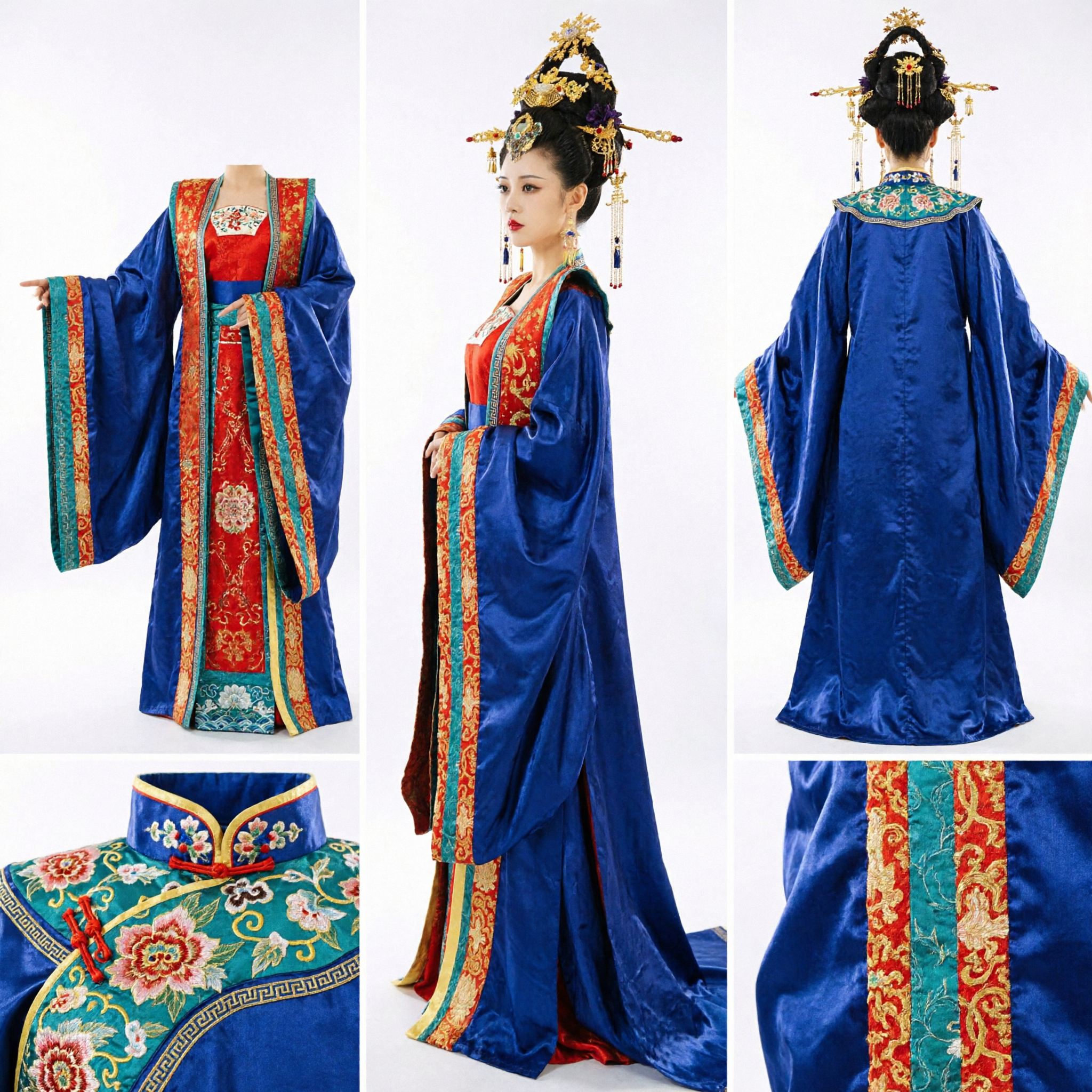 Starożytny strój damy dworu z dynastii Tang, Hanfu, królewska niebieska suknia cesarzowej dla kobiet na występy sceniczne i cosplay - Asian Costume
