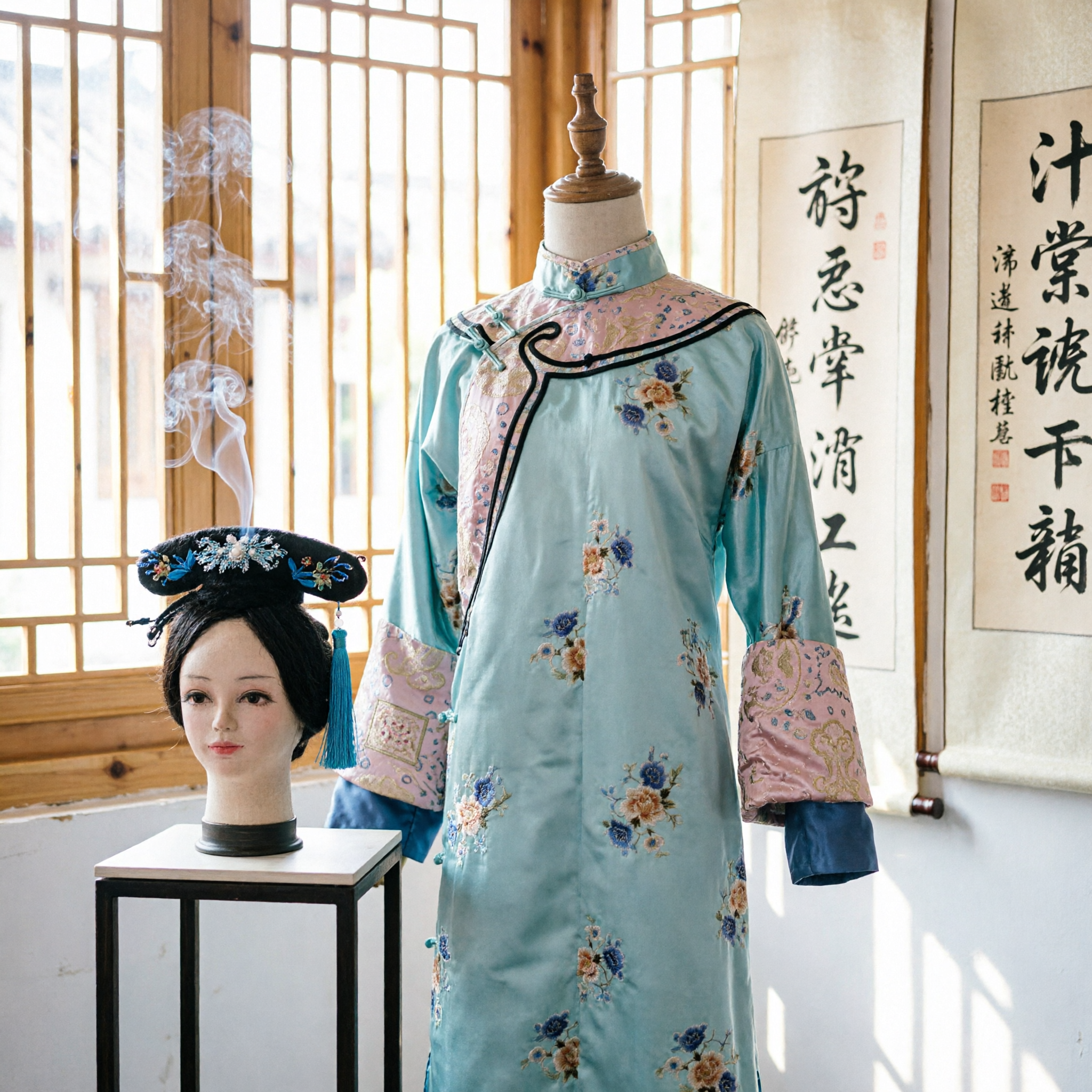 Traje de Princesa Manchu da Dinastia Qing - Conjunto de Robe Florido Azul Claro e Coroa para Cosplay e Performance Feminina - Asian Costume