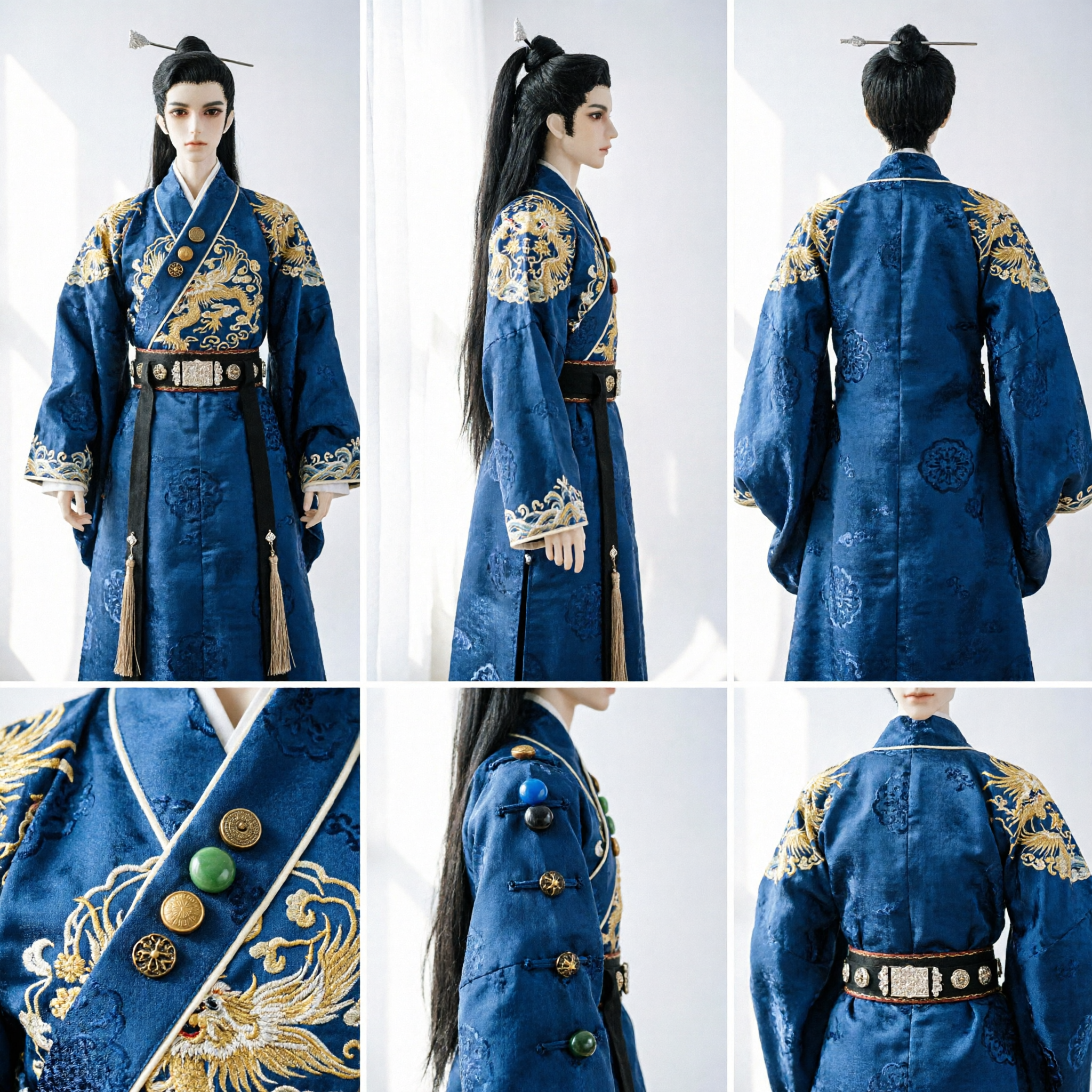 Peruca Masculina Antiga Chinesa com Rabo de Cavalo Alto - Acessório Capilar para Cosplay no Estilo Wuxia Espadachim Hanfu com Grampos de Cabelo Prateados - Asian Costume