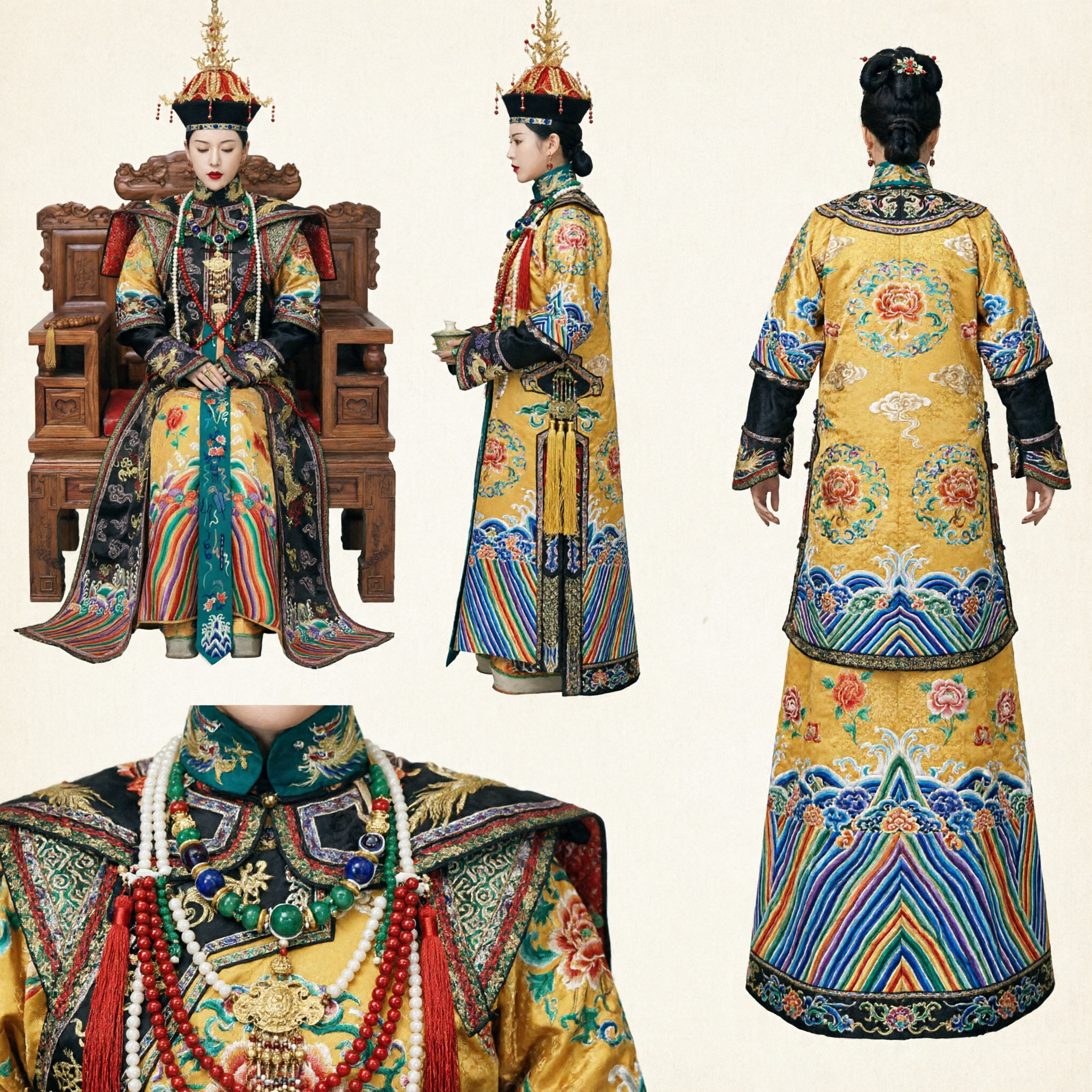 Traje Tradicional de Emperatriz de la Dinastía Qing China Túnica Antigua de Dama del Palacio Bordada y Sombrero para Fotografía de Mujer - Asian Costume