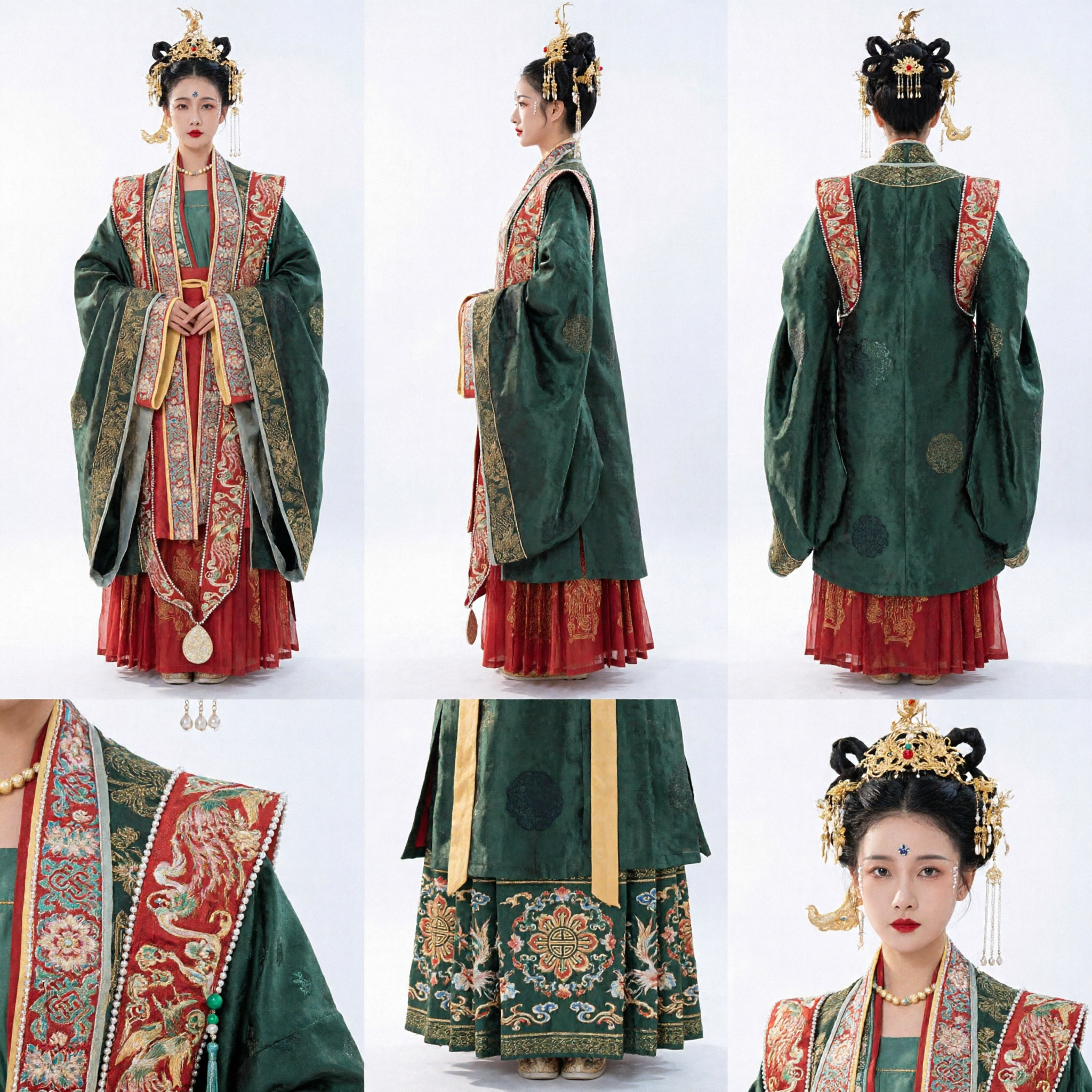 Tradycyjny Chiński Kostium Cesarzowej z Dynastii Tang Hanfu Starożytna Suknia Dworska Zielona Szata Czerwona Spódnica Zestaw dla Kobiet - Asian Costume