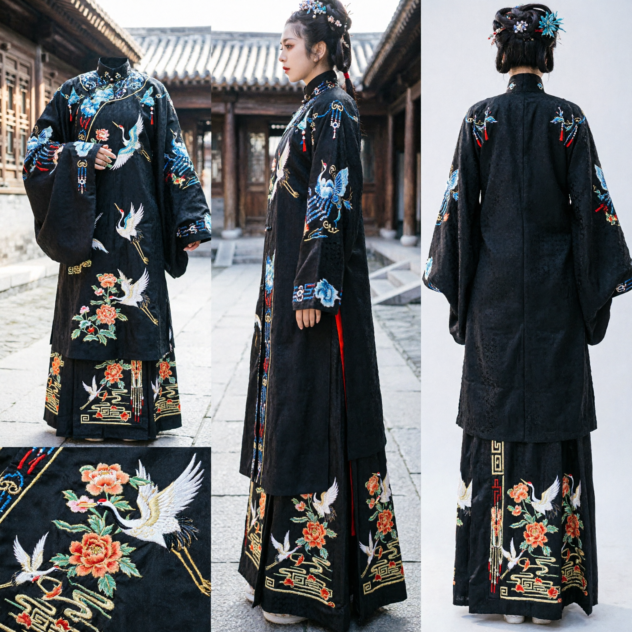 Traditionelles schwarzes chinesisches Hanfu-Kleid mit Schmetterlings- und Kranichstickerei, Antikes Kostüm für Frauen - Asian Costume