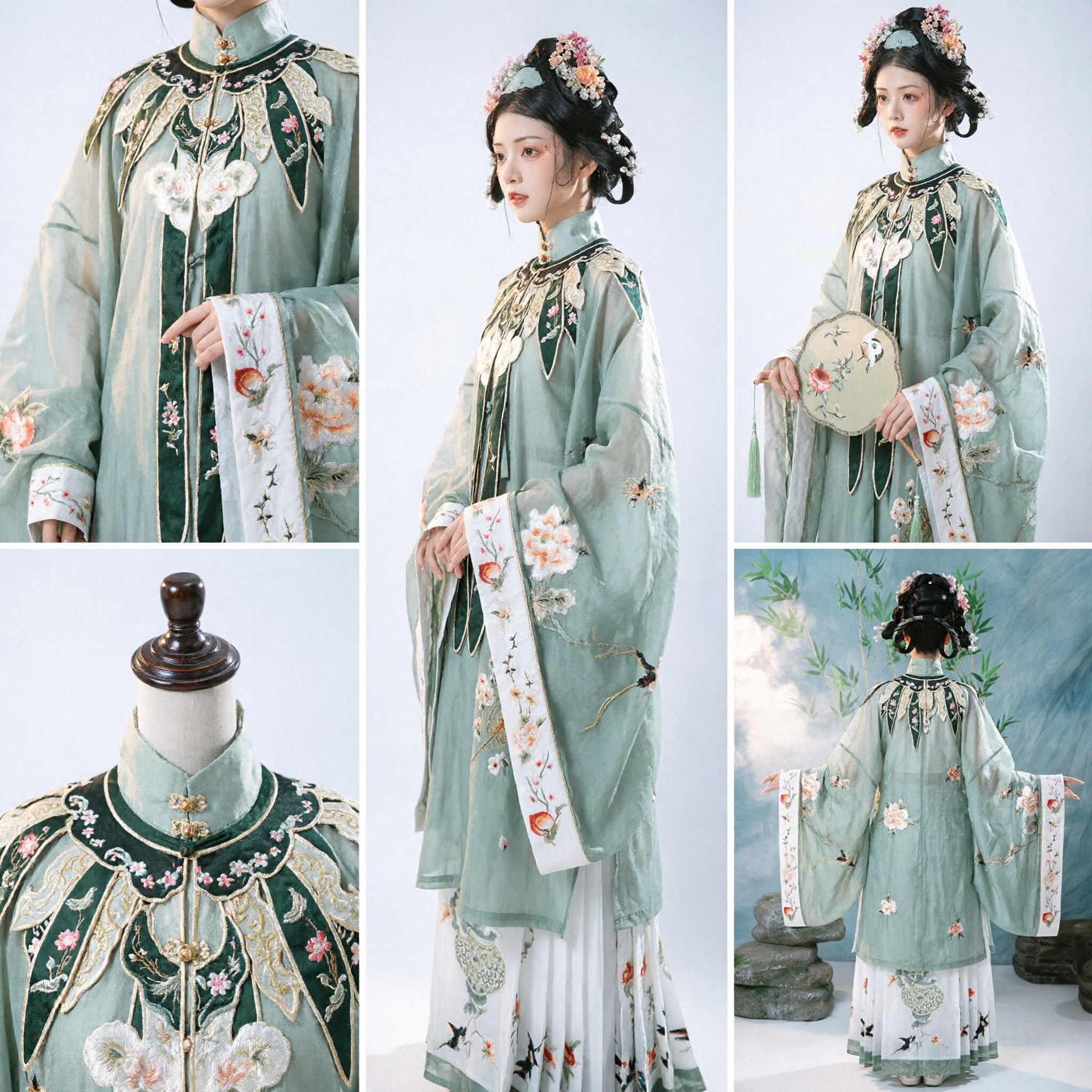 Traditionele Chinese Hanfu Ming-dynastie Groen Geborduurde Gewaad Oud Feeënkostuum Compleet Set voor Vrouwen - Asian Costume