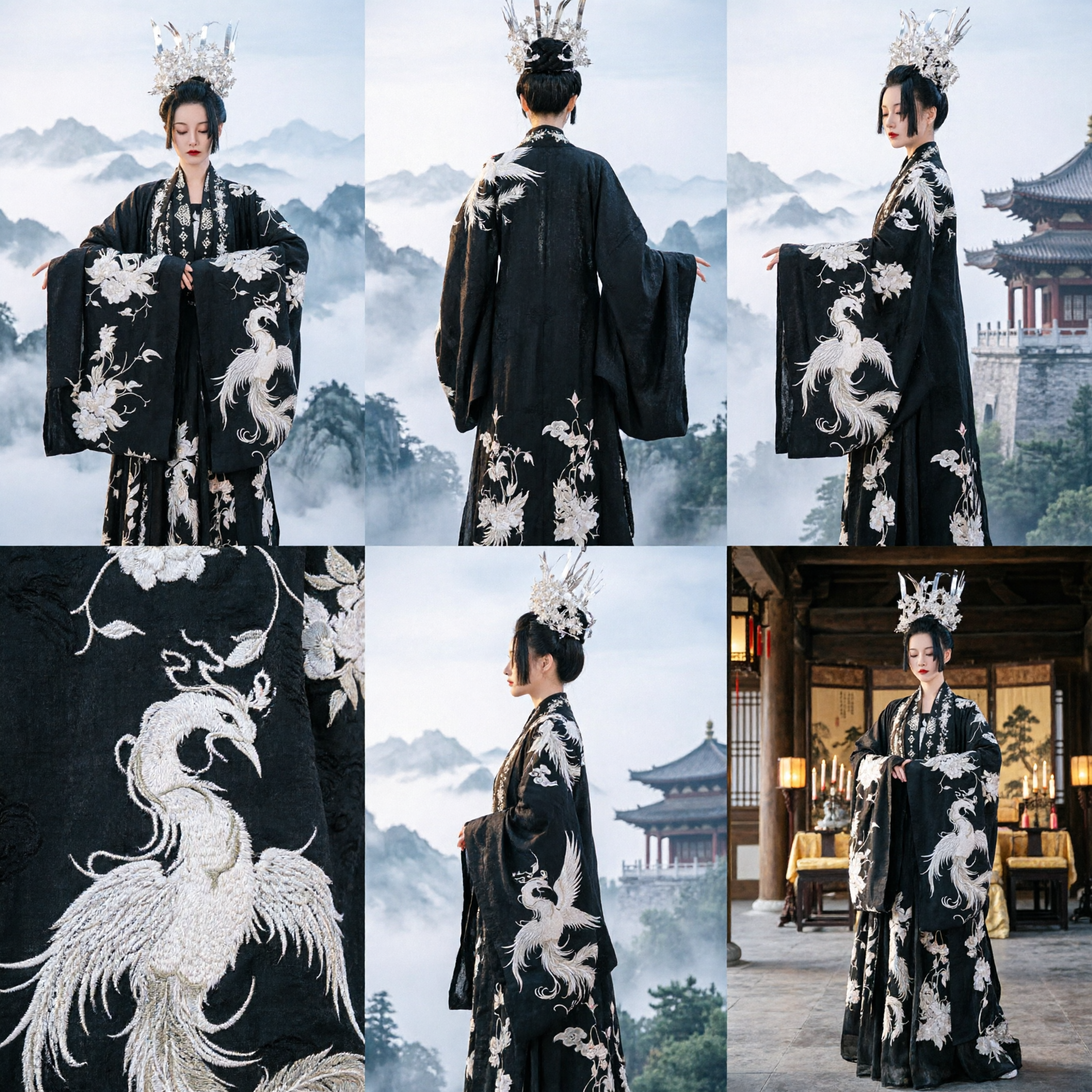 Traditionelles chinesisches schwarzes Hanfu-Kostüm mit Silber-Phönix- und Pfingstrosen-Stickerei für Frauen Antikes Cosplay - Asian Costume