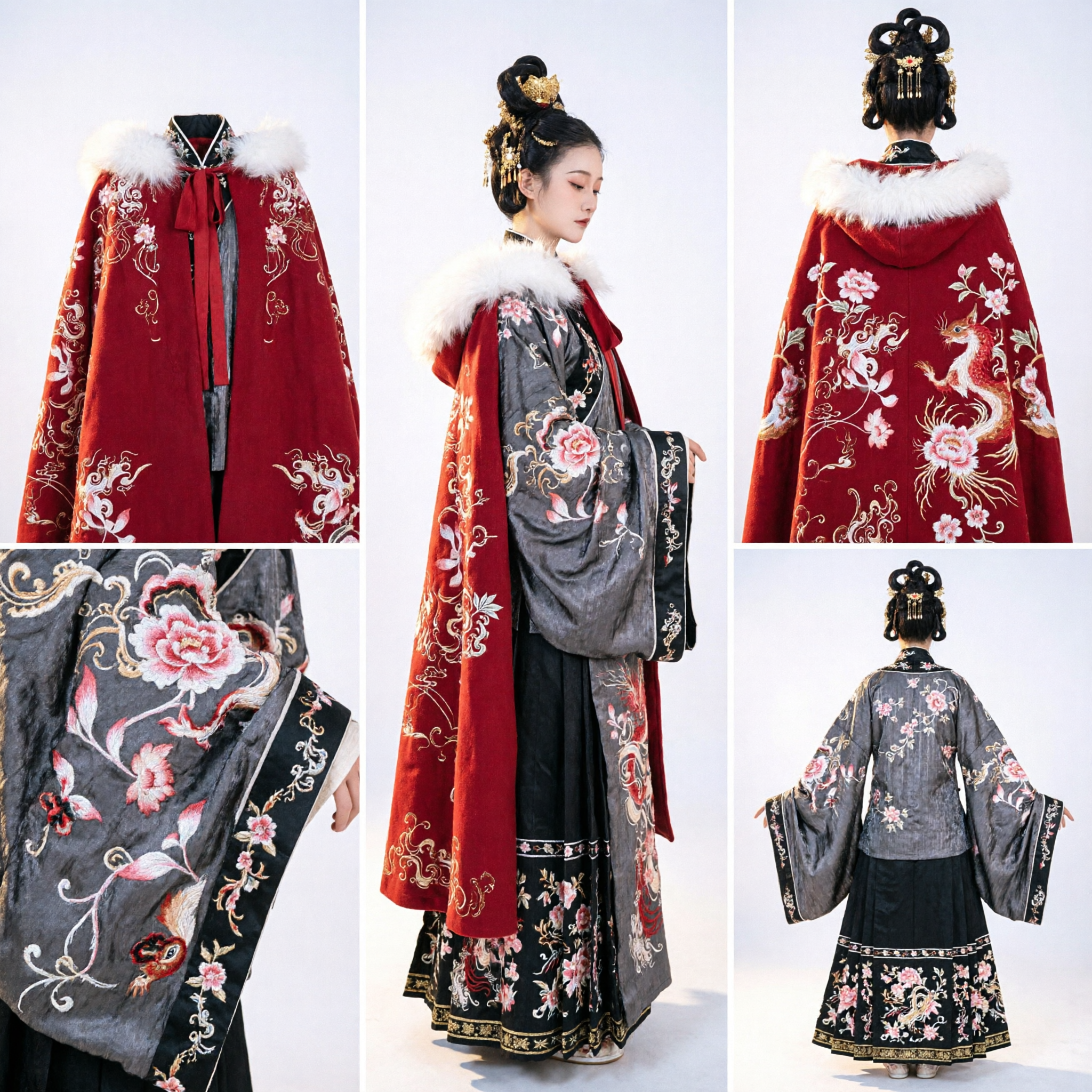 Tradycyjny chiński Hanfu, czerwony płaszcz z białym futrzanym kołnierzem, zimowy strój starożytnej szlachetnej damy dla kobiet - Asian Costume
