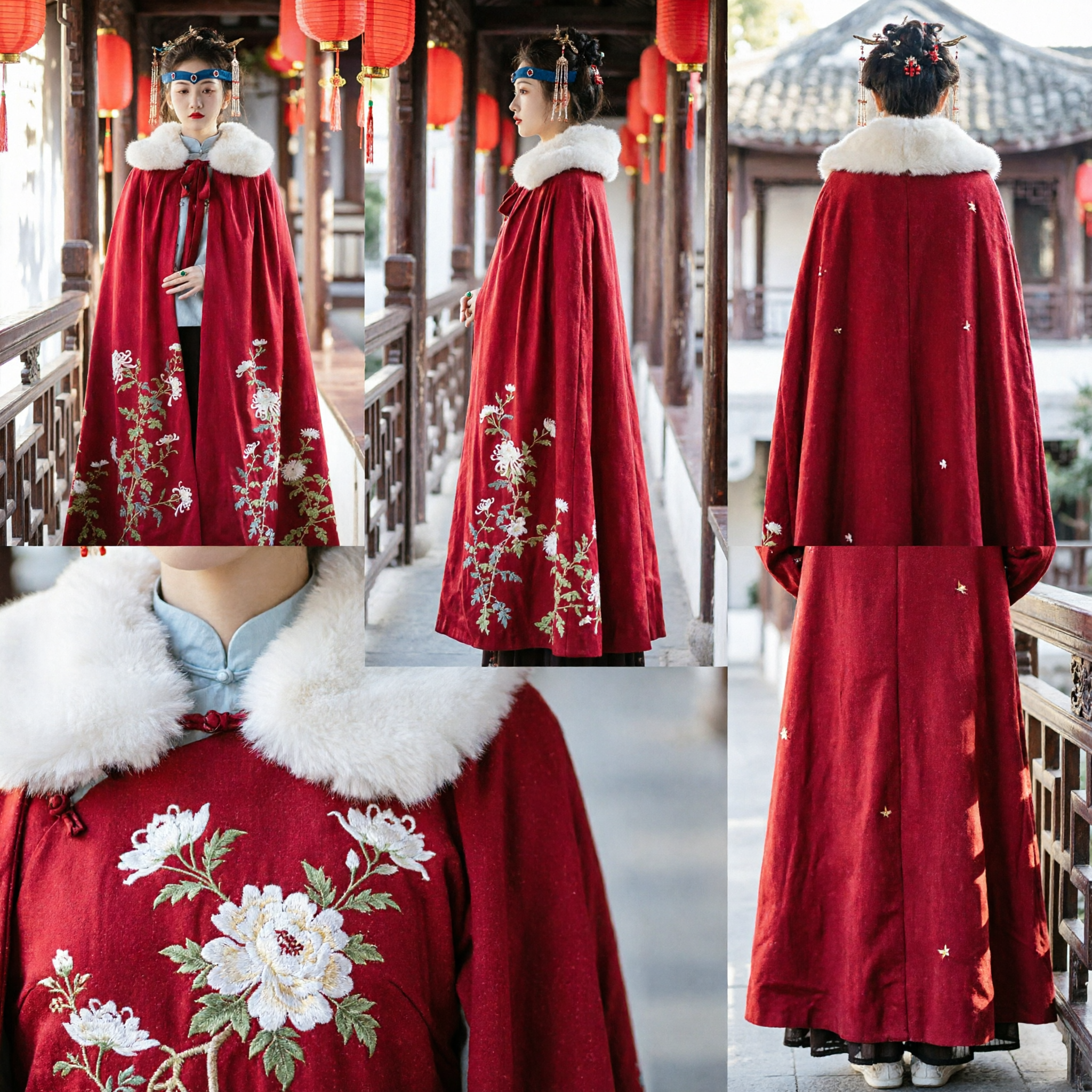 Manteau Hanfu en velours rouge avec col en fausse fourrure et broderie florale, cape d'hiver traditionnelle chinoise pour femmes - Asian Costume