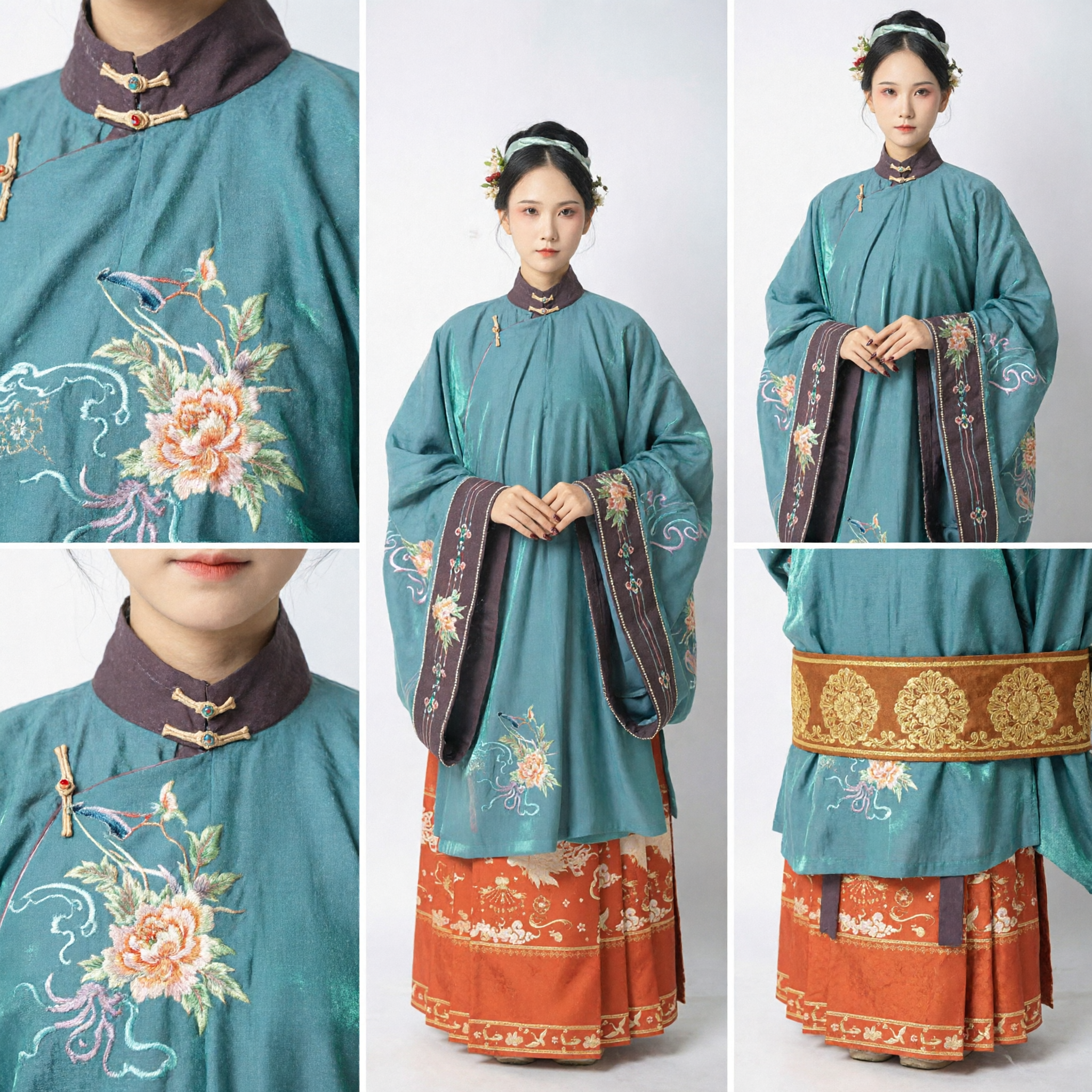 Elegancki tradycyjny chiński strój Hanfu z dynastii Ming, zestaw turkusowej haftowanej bluzy i pomarańczowej spódnicy Mamianqun dla kobiet - Asian Costume